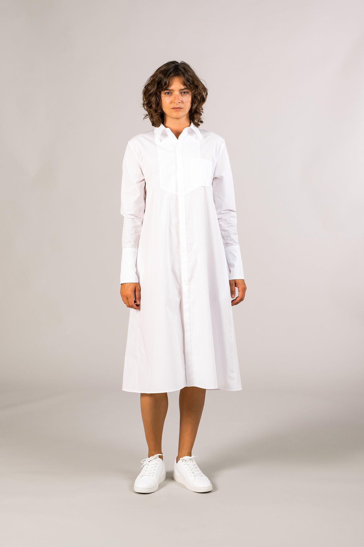 Womens white tuxedo shirt dress, 100% sustainable cotton poplin from Italy, long sleeve, button down knee length.