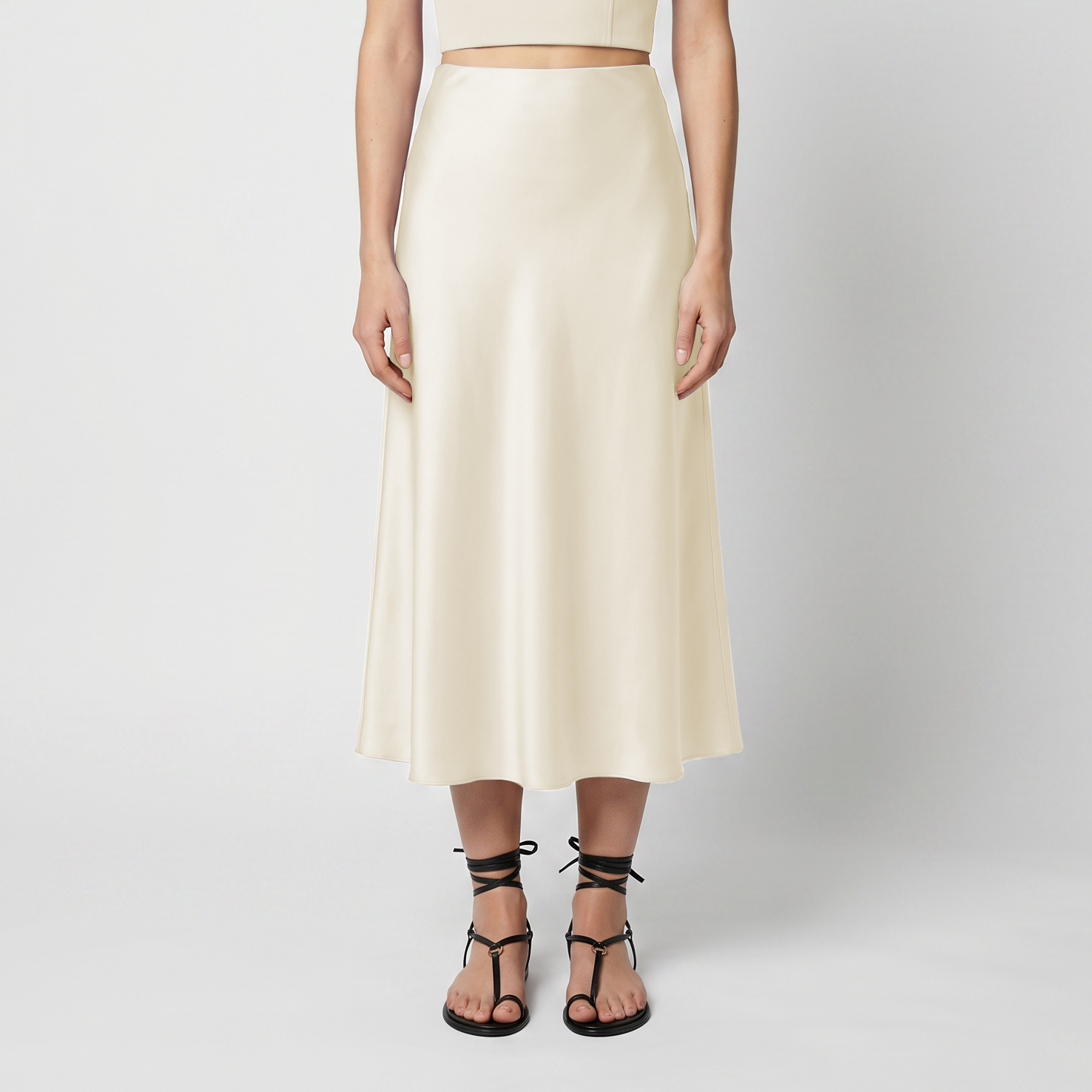 Close up of s organic silk crepe de chine half slip on model
