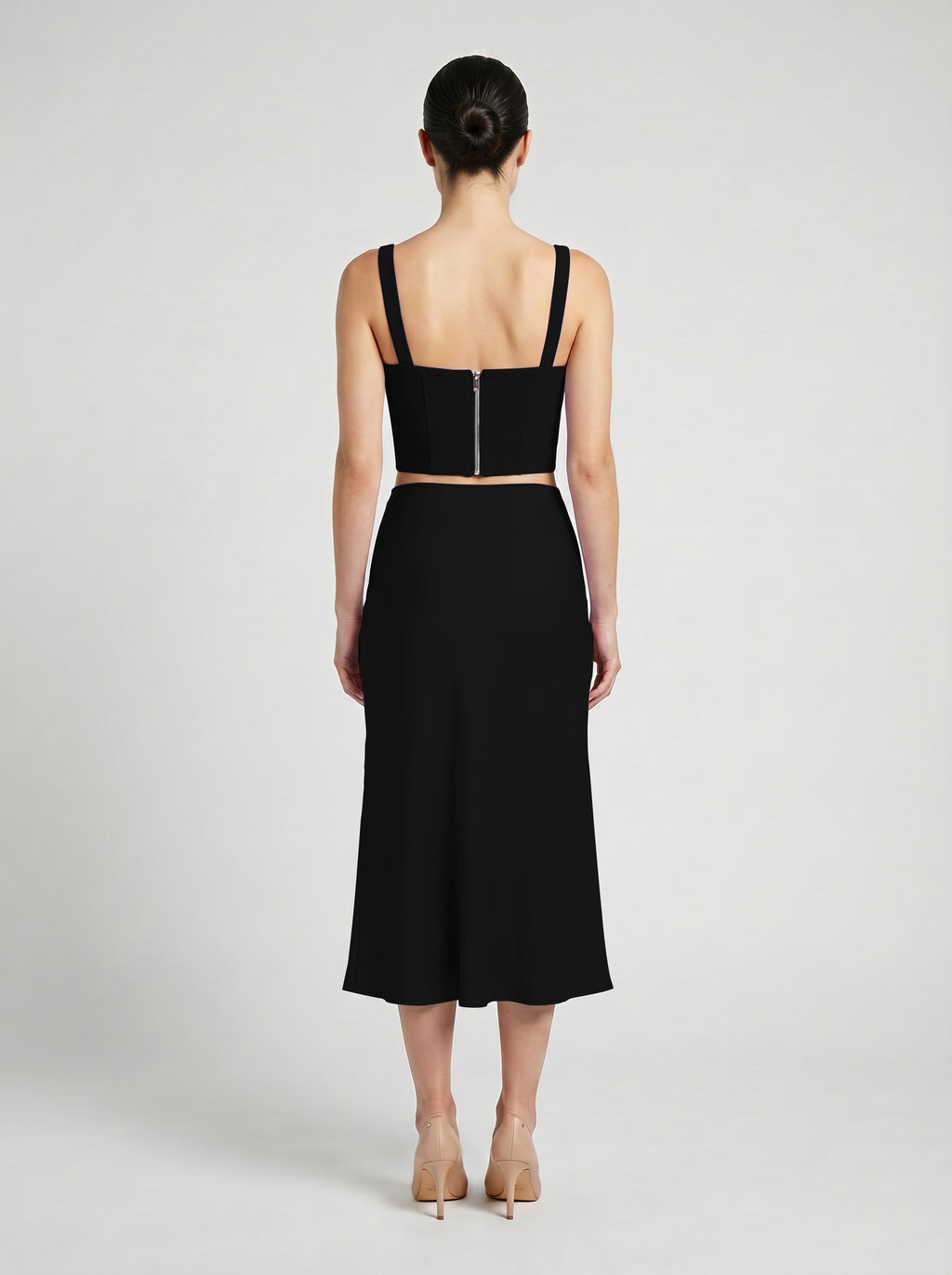 Black Wool corset top with silk slip  skirt on model back view