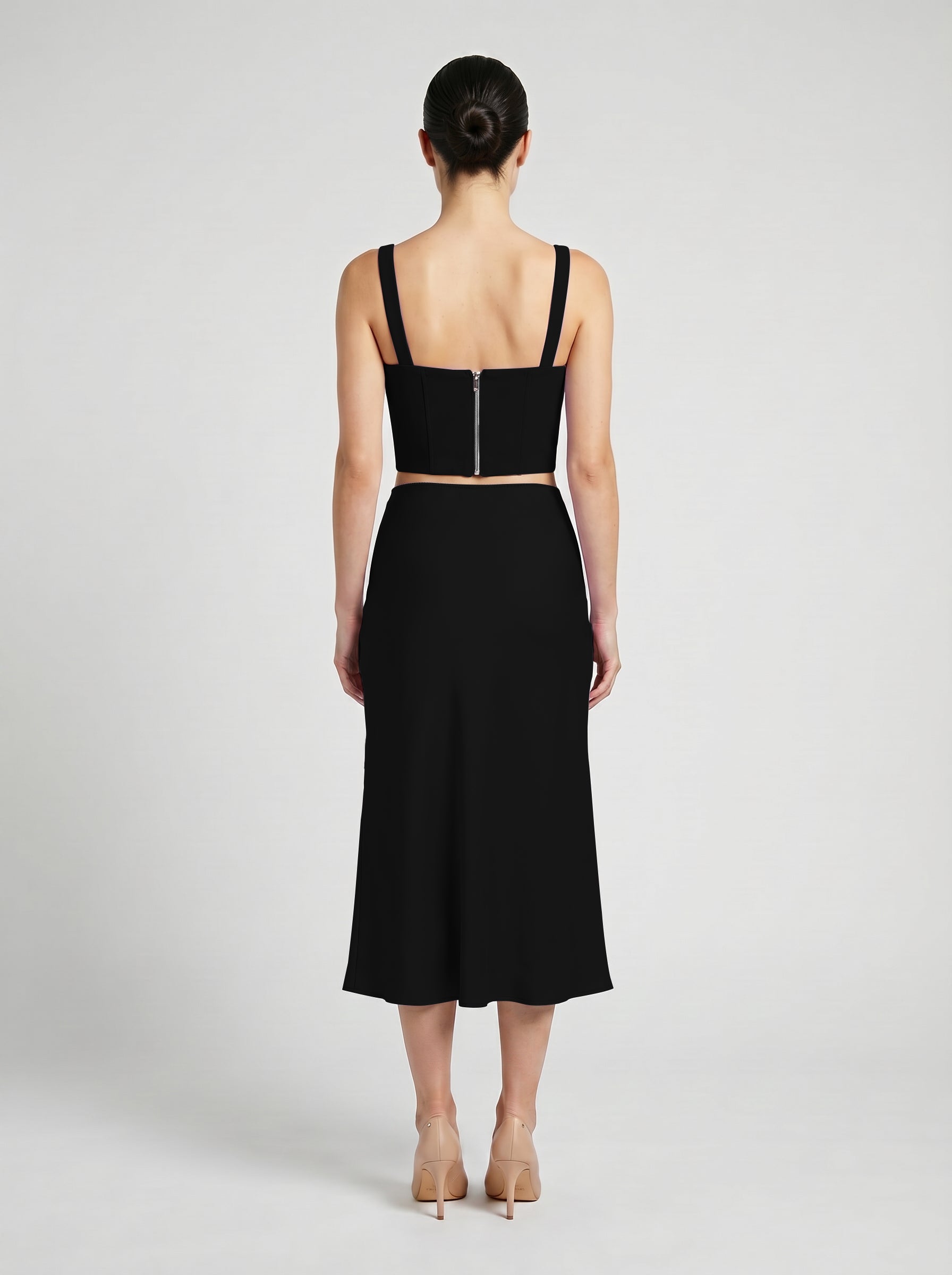 Black Wool corset top with silk slip  skirt on model back view