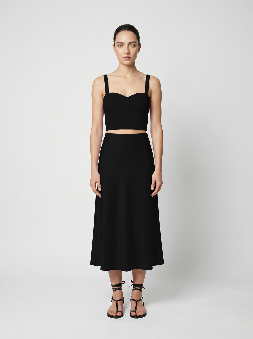 Black Wool corset top with silk slip  skirt on model front view