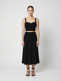 Black Wool corset top with silk slip  skirt on model front view