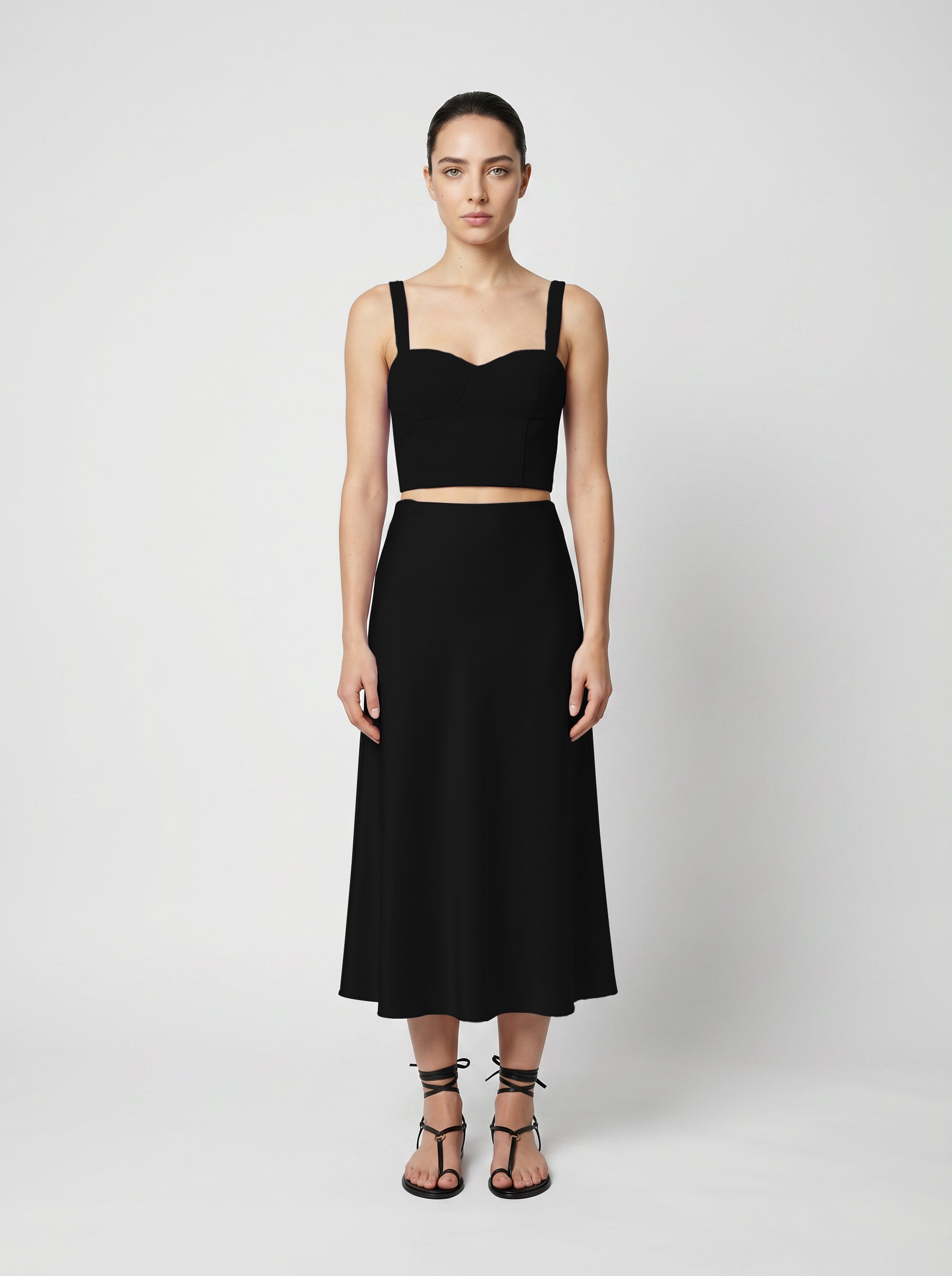 Black Wool corset top with silk slip  skirt on model front view