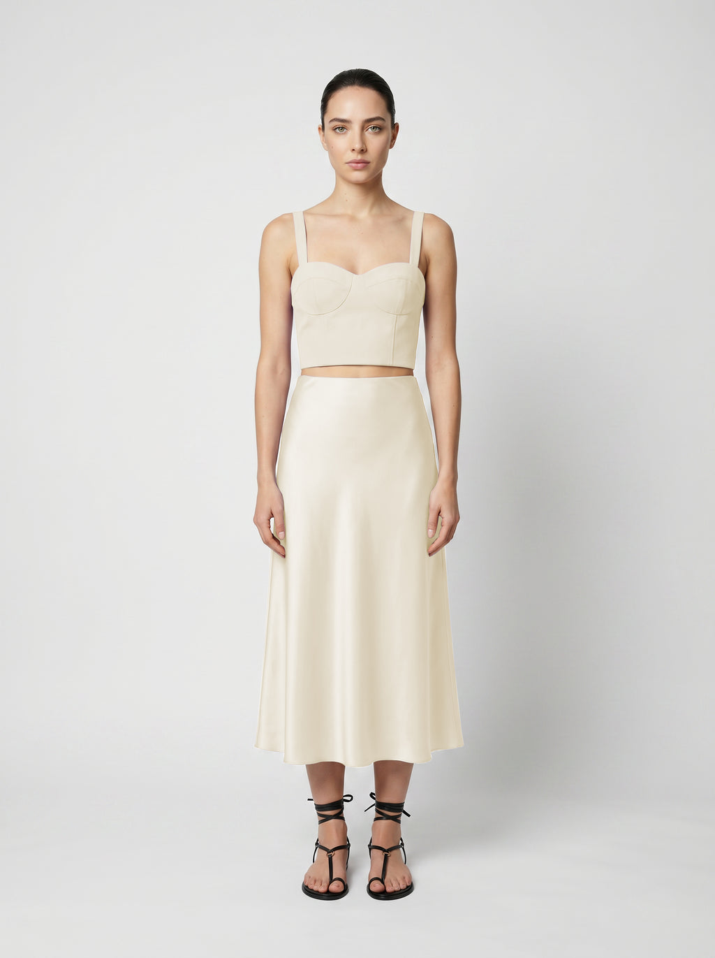 Wool corset top with silk slip  skirt on model front view
