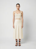 Wool corset top with silk slip  skirt on model front view