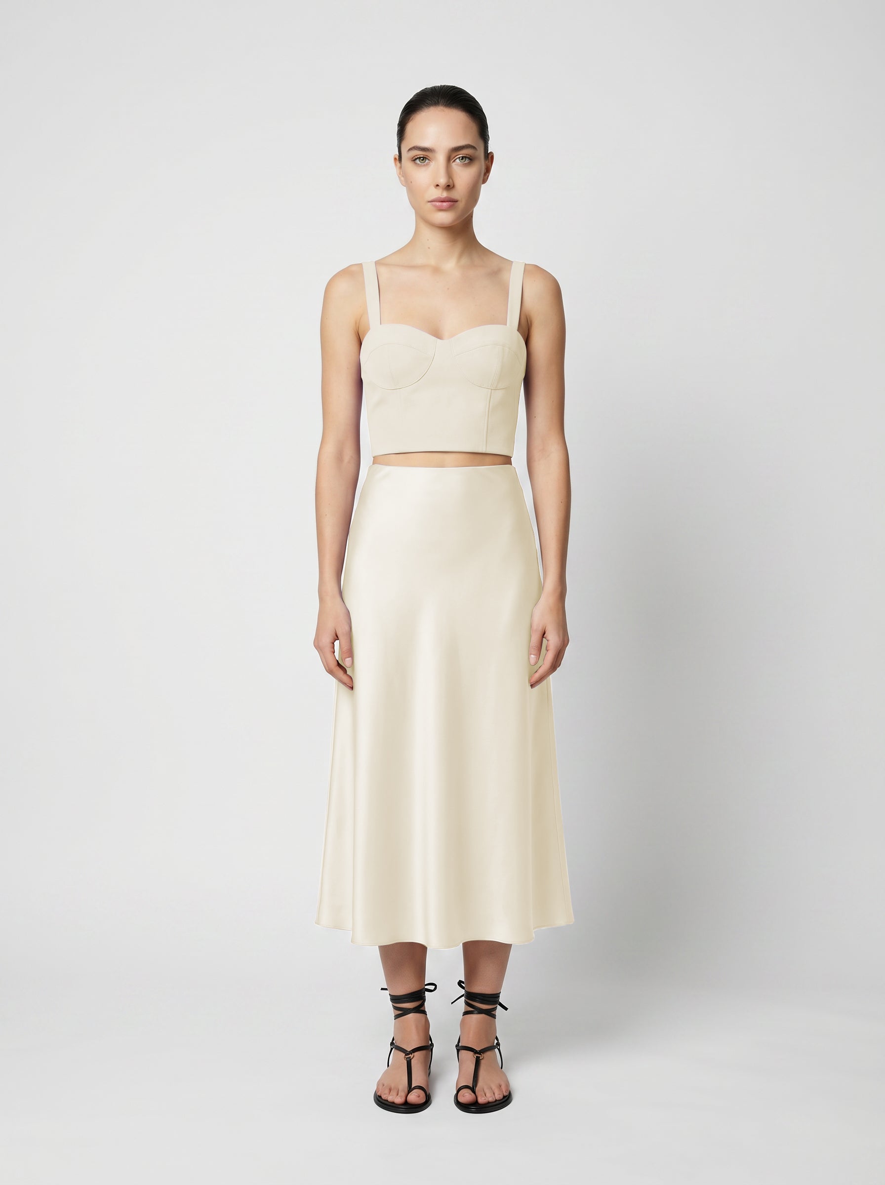 Wool corset top with silk slip  skirt on model front view