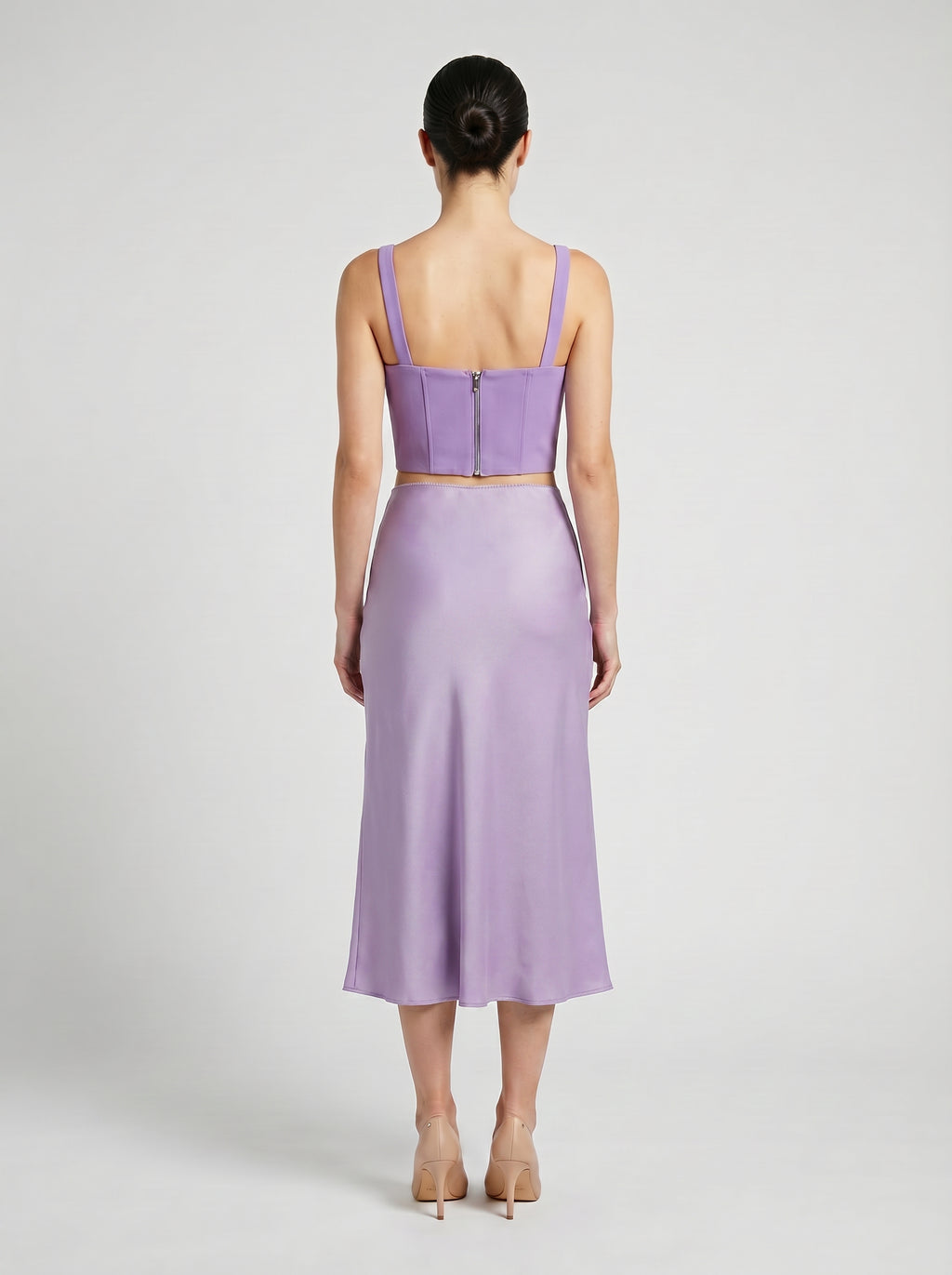 Lilac color Wool corset top with silk slip  skirt on model back view