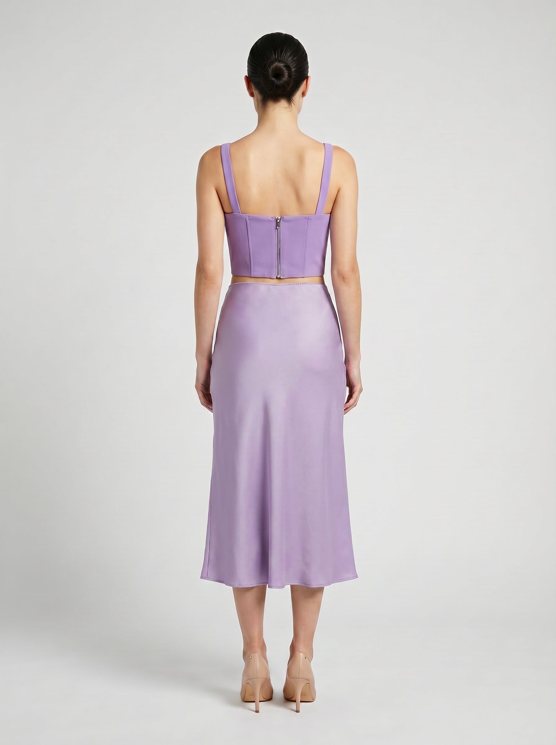 Lilac color Wool corset top with silk slip  skirt on model back view