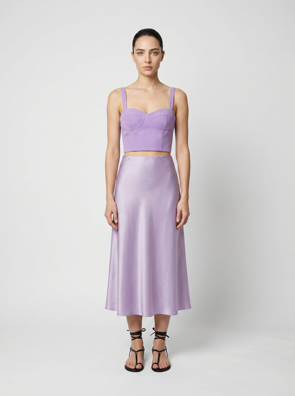 Lilac color Wool corset top with silk slip  skirt on model 3/4 front