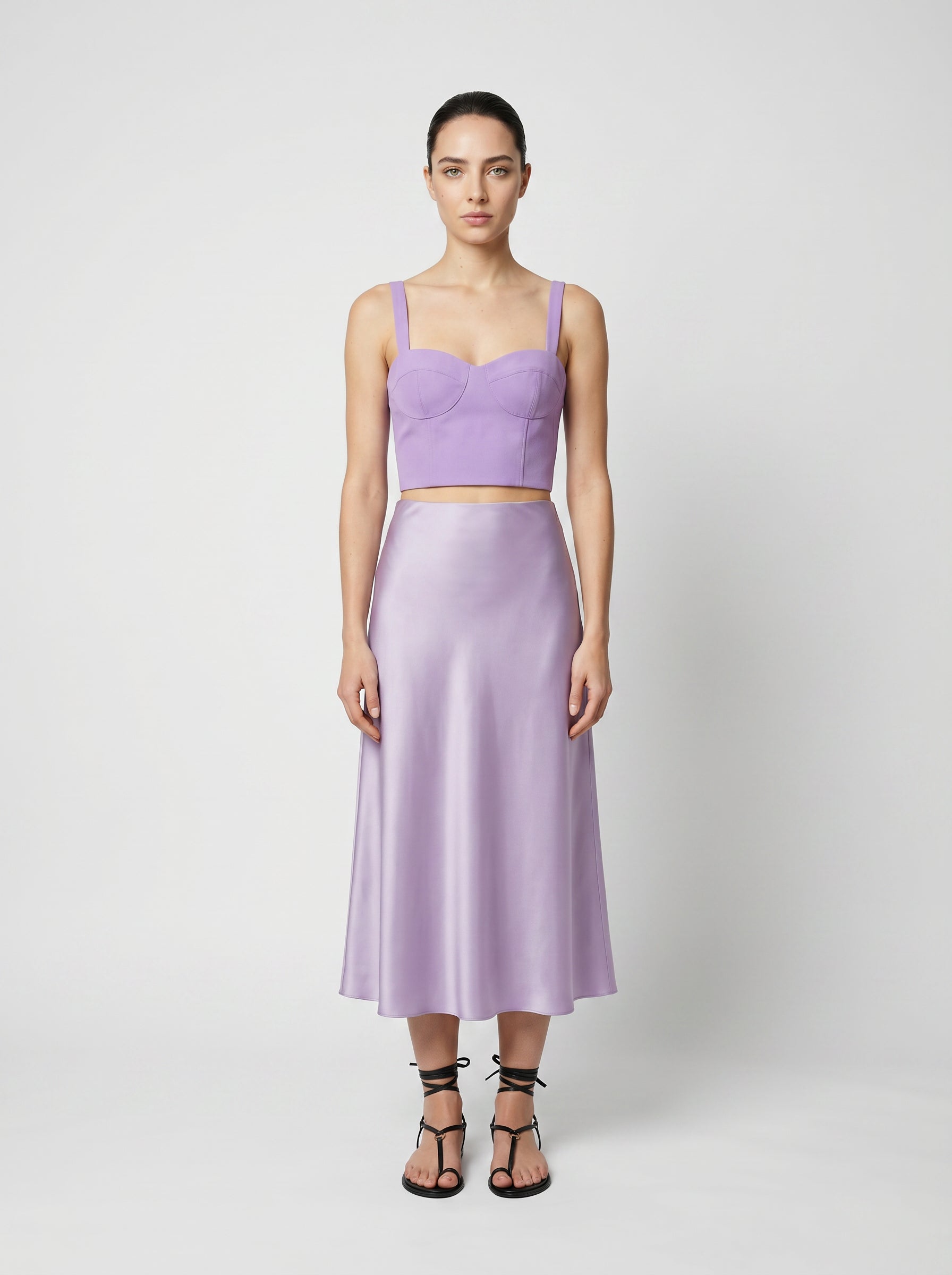 Lilac color Wool corset top with silk slip  skirt on model 3/4 front