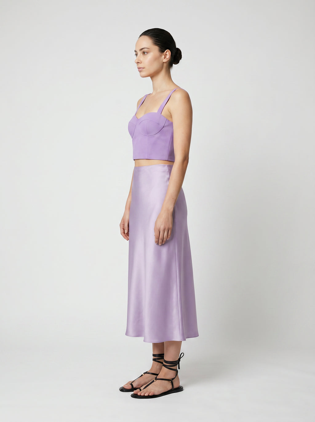 Lilac color Wool corset top with silk slip  skirt on model 3/4 view