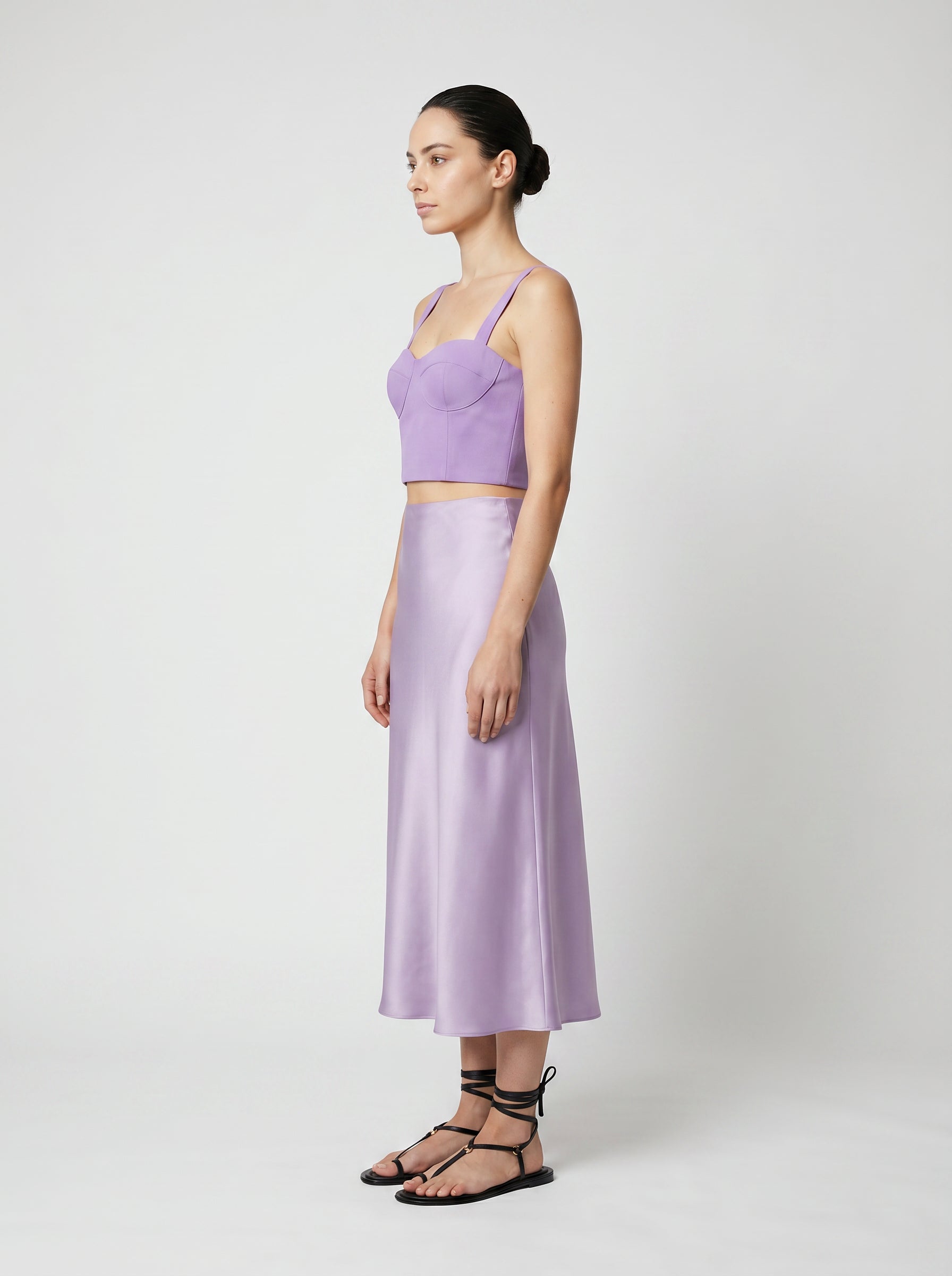 Lilac color Wool corset top with silk slip  skirt on model 3/4 view