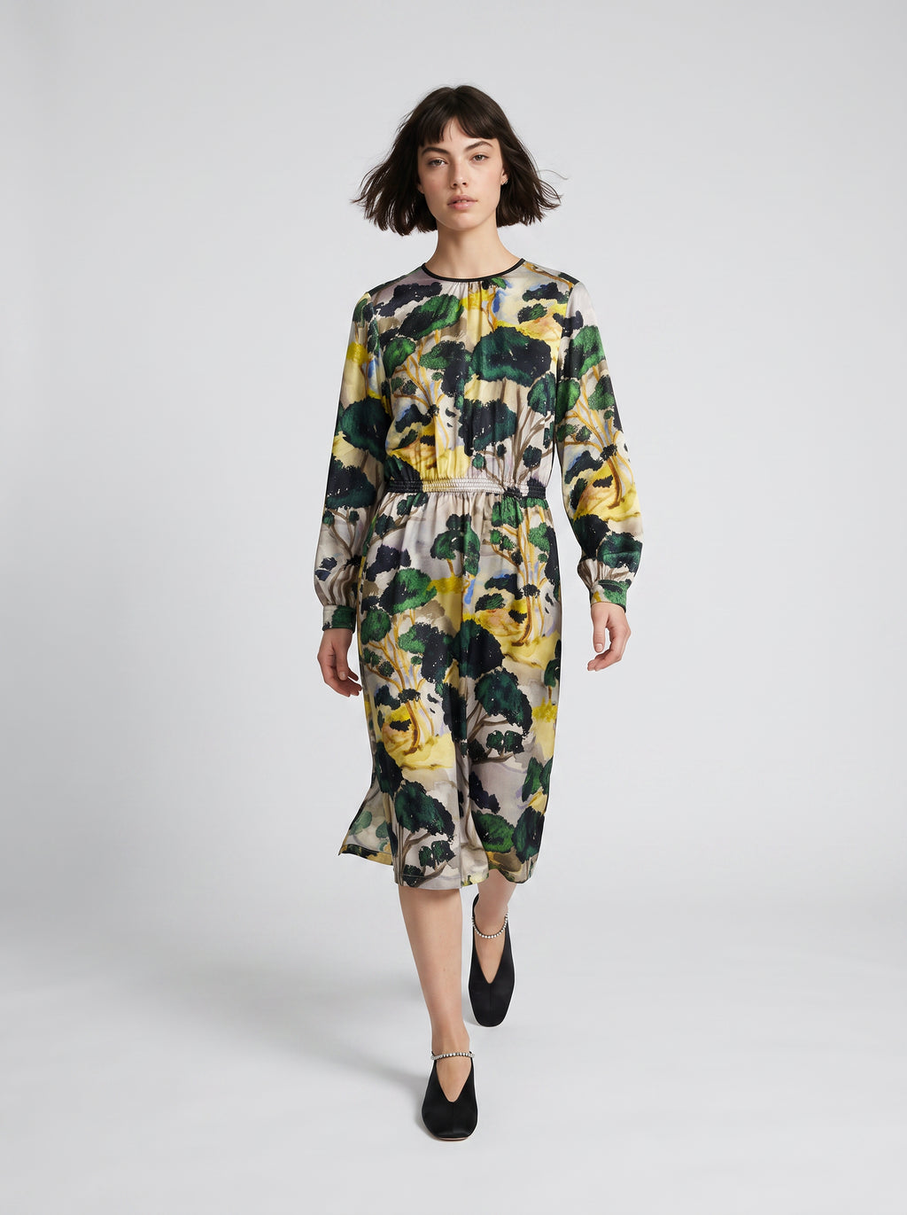 TAMSIN DRESS/ PRINTED SILK TWILL /LTD. EDITION DARK FOREST