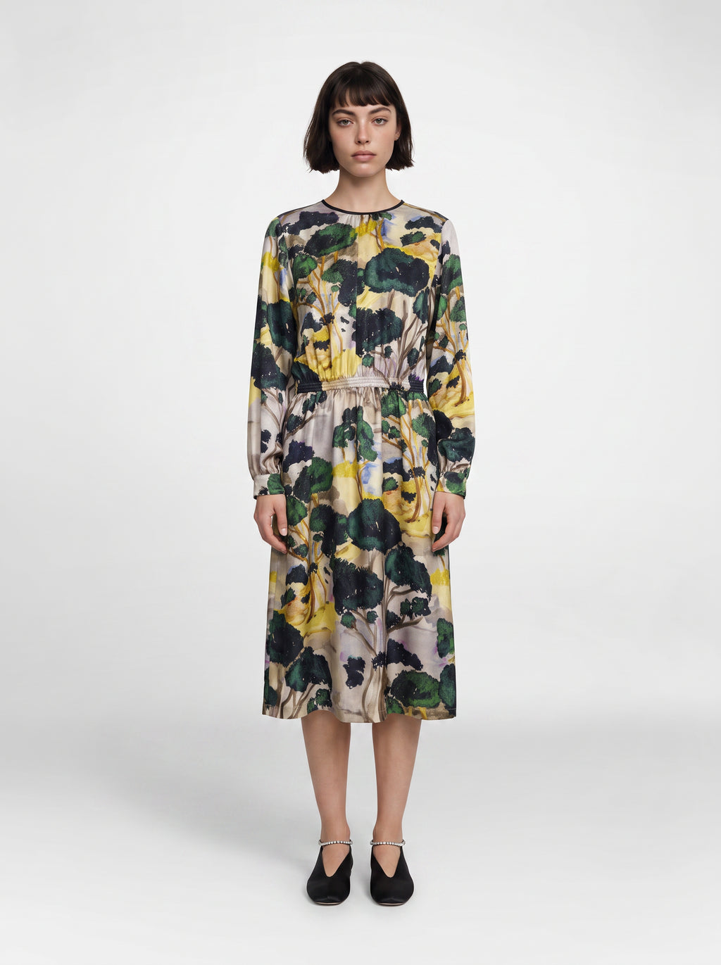 TAMSIN DRESS/ PRINTED SILK TWILL /LTD. EDITION DARK FOREST