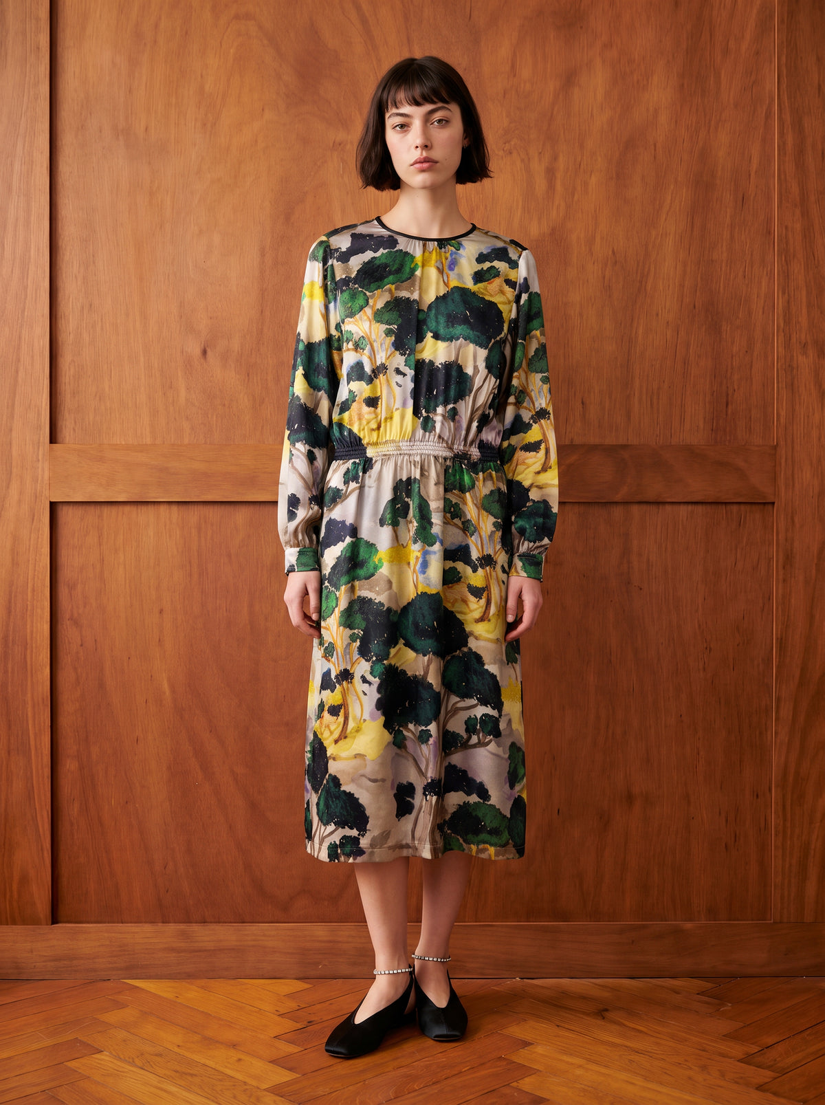 TAMSIN DRESS/ PRINTED SILK TWILL /LTD. EDITION DARK FOREST