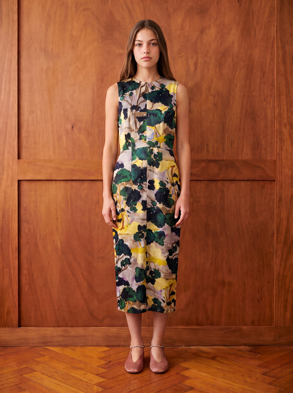 THE SLOPER DRESS/ PRINTED SILK TWILL /LTD. EDITION DARK FOREST