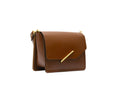 A brown leather crossbody handbag with a gold-tone diagonal bar accent on the front flap and a matching gold chain strap, shown against a plain white background.