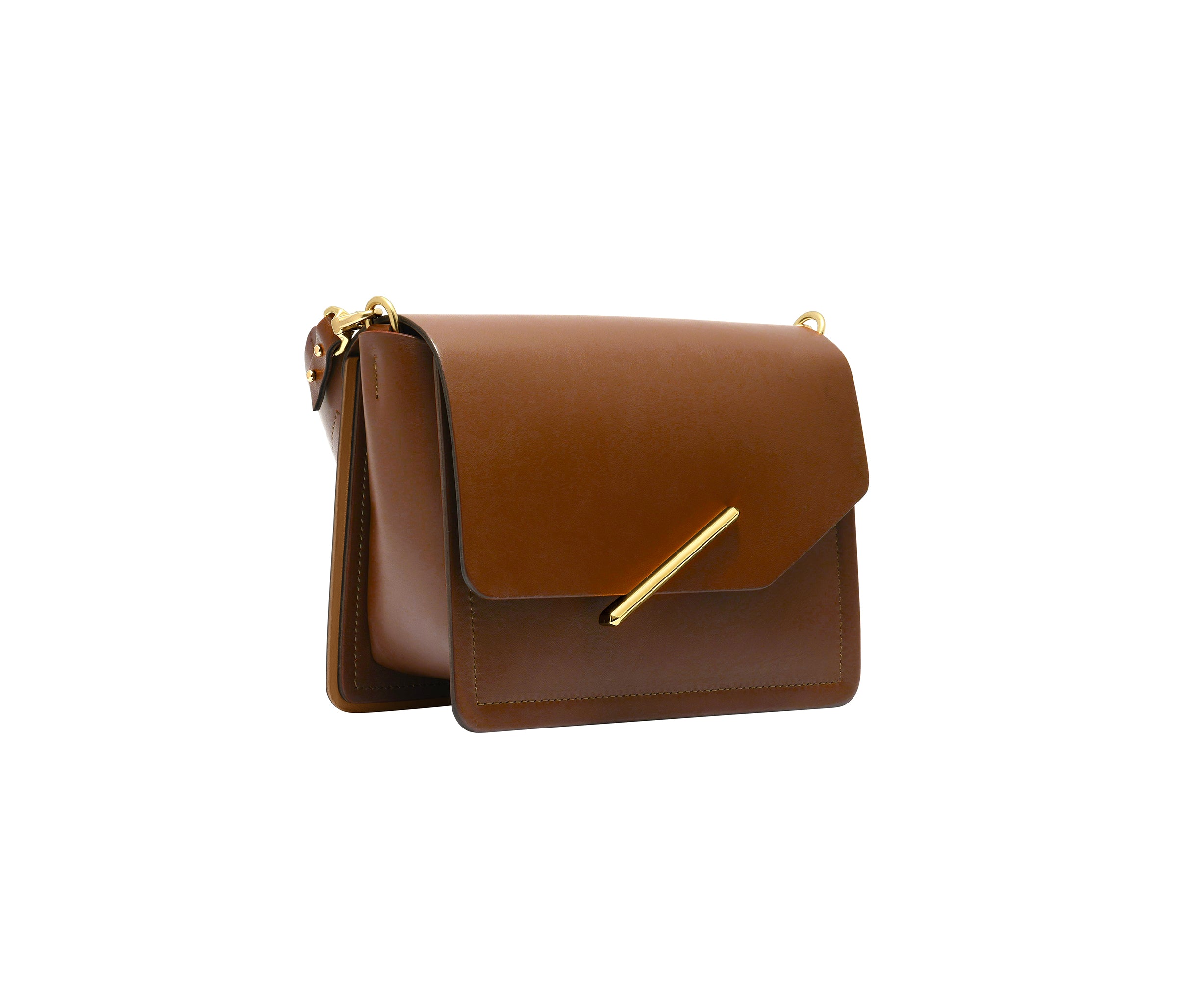 A brown leather crossbody handbag with a gold-tone diagonal bar accent on the front flap and a matching gold chain strap, shown against a plain white background.