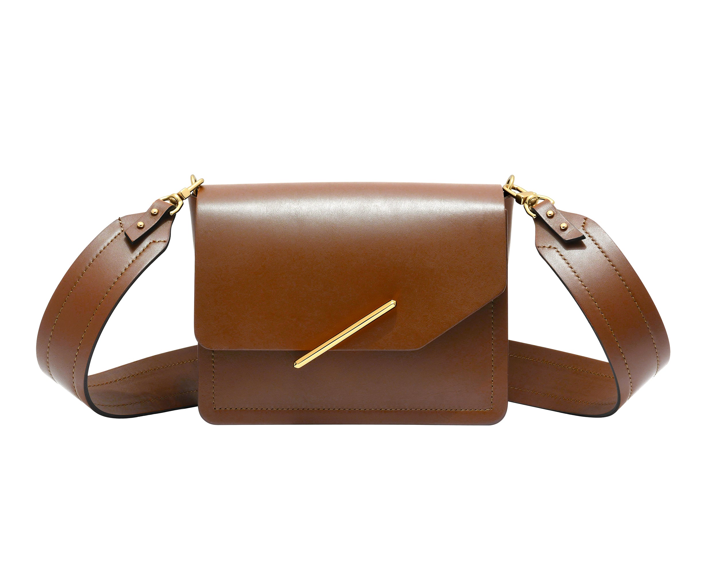 A brown leather crossbody bag with a flap front, a diagonal gold-tone metal accent, and a matching adjustable shoulder strap, shown against a plain white background.