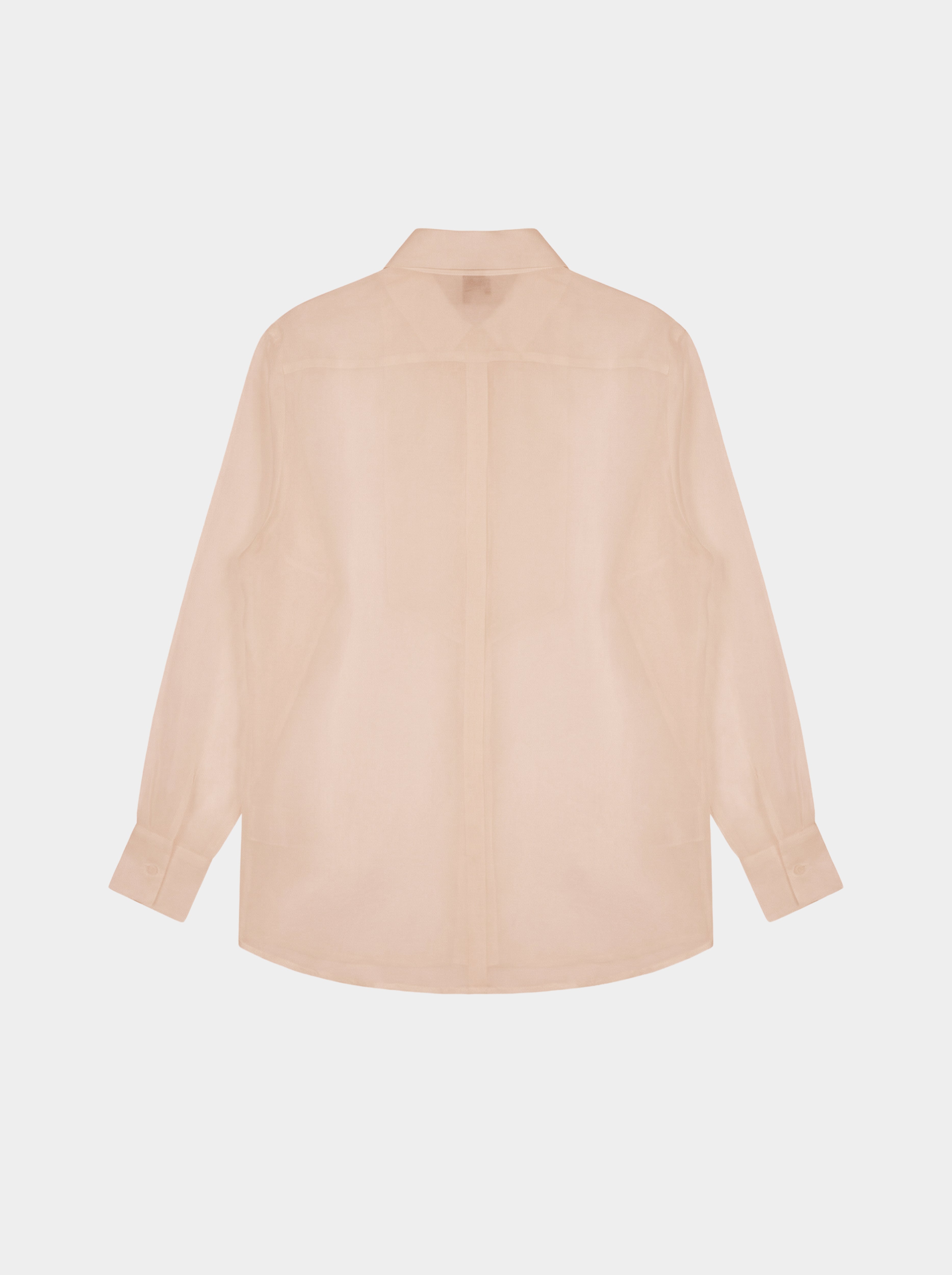 blush pink organza blouse on a light gray background back view