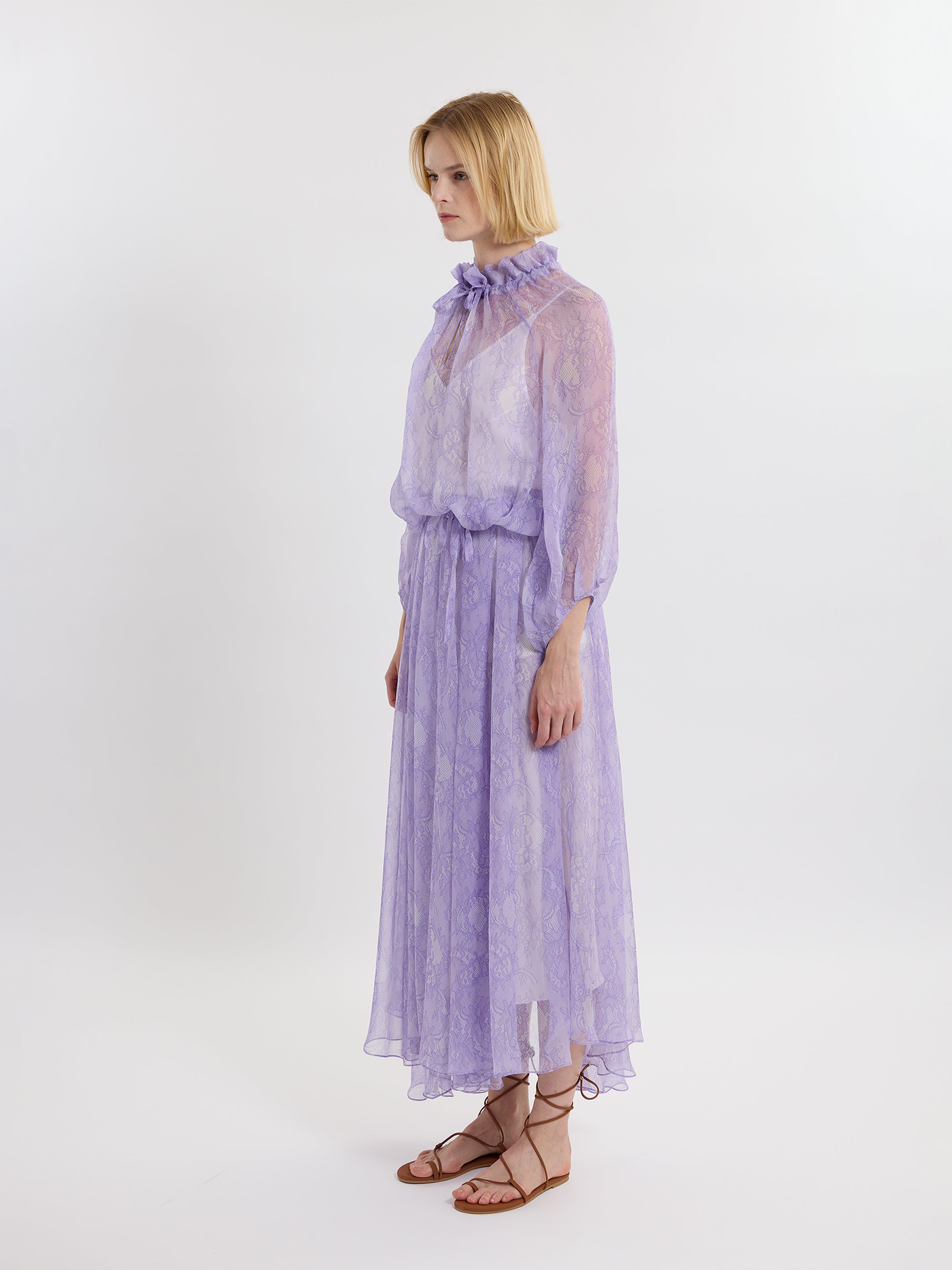 PLEATED SKIRT / PRINTED ORGANIC SILK CHIFFON / LILAC LACE PRINT