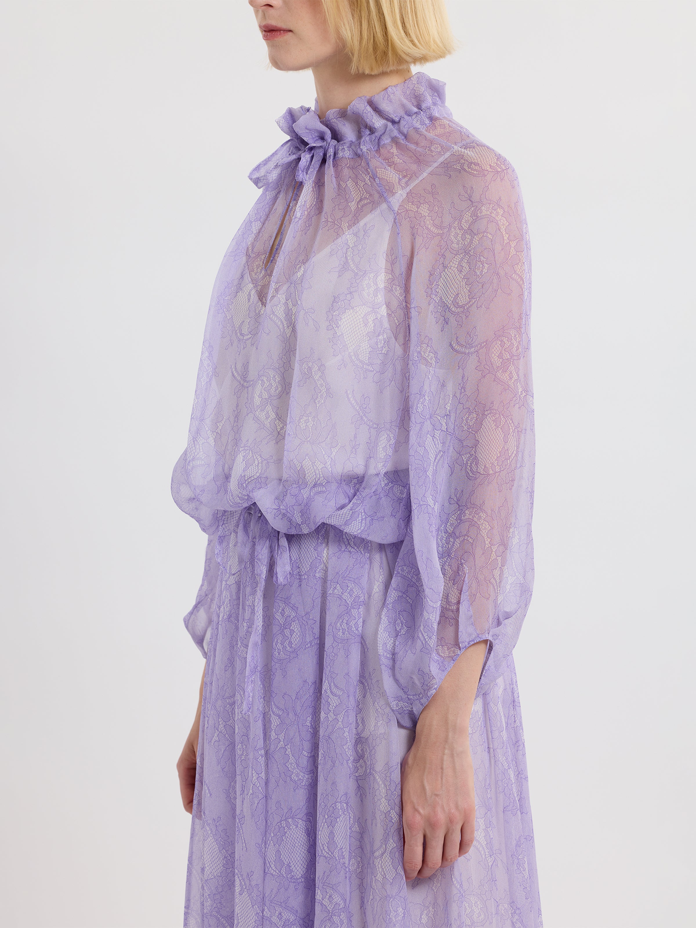 RUFFLE GATHER TOP / PRINTED ORGANIC SILK CHIFFON / LILAC LACE PRINT/LIMITED EDITION
