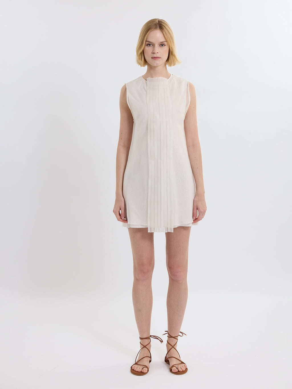 PLEATED MINI DRESS / ORGANIC SILK ORGANZA/ GREIGE