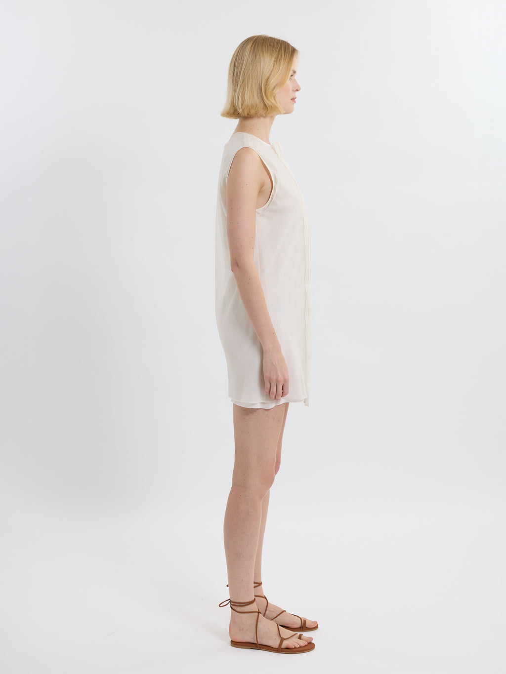 PLEATED MINI DRESS / ORGANIC SILK ORGANZA/ GREIGE