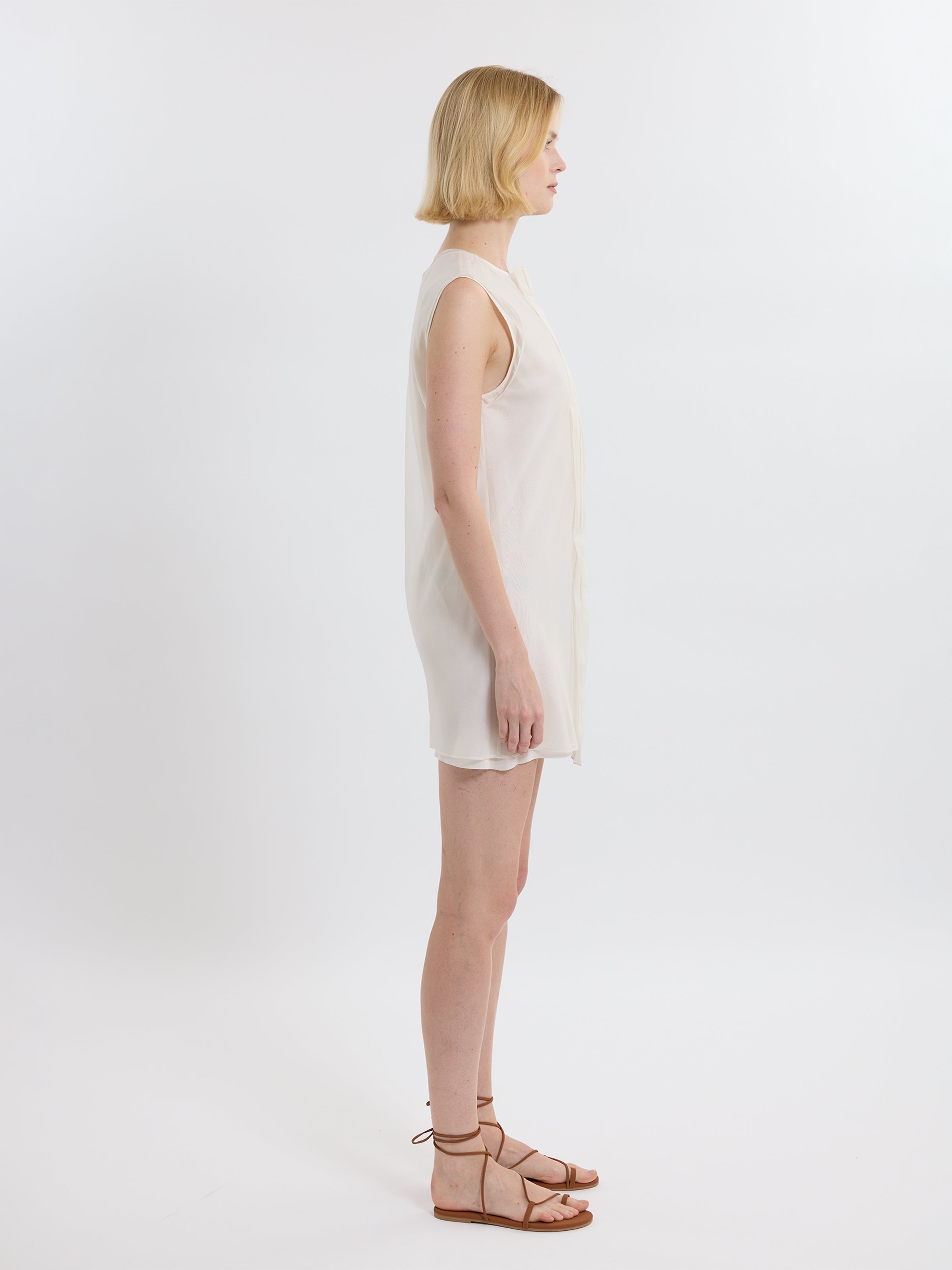 PLEATED MINI DRESS / ORGANIC SILK ORGANZA/ GREIGE