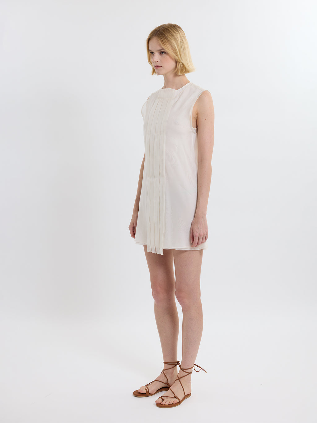 PLEATED MINI DRESS / ORGANIC SILK ORGANZA/ GREIGE