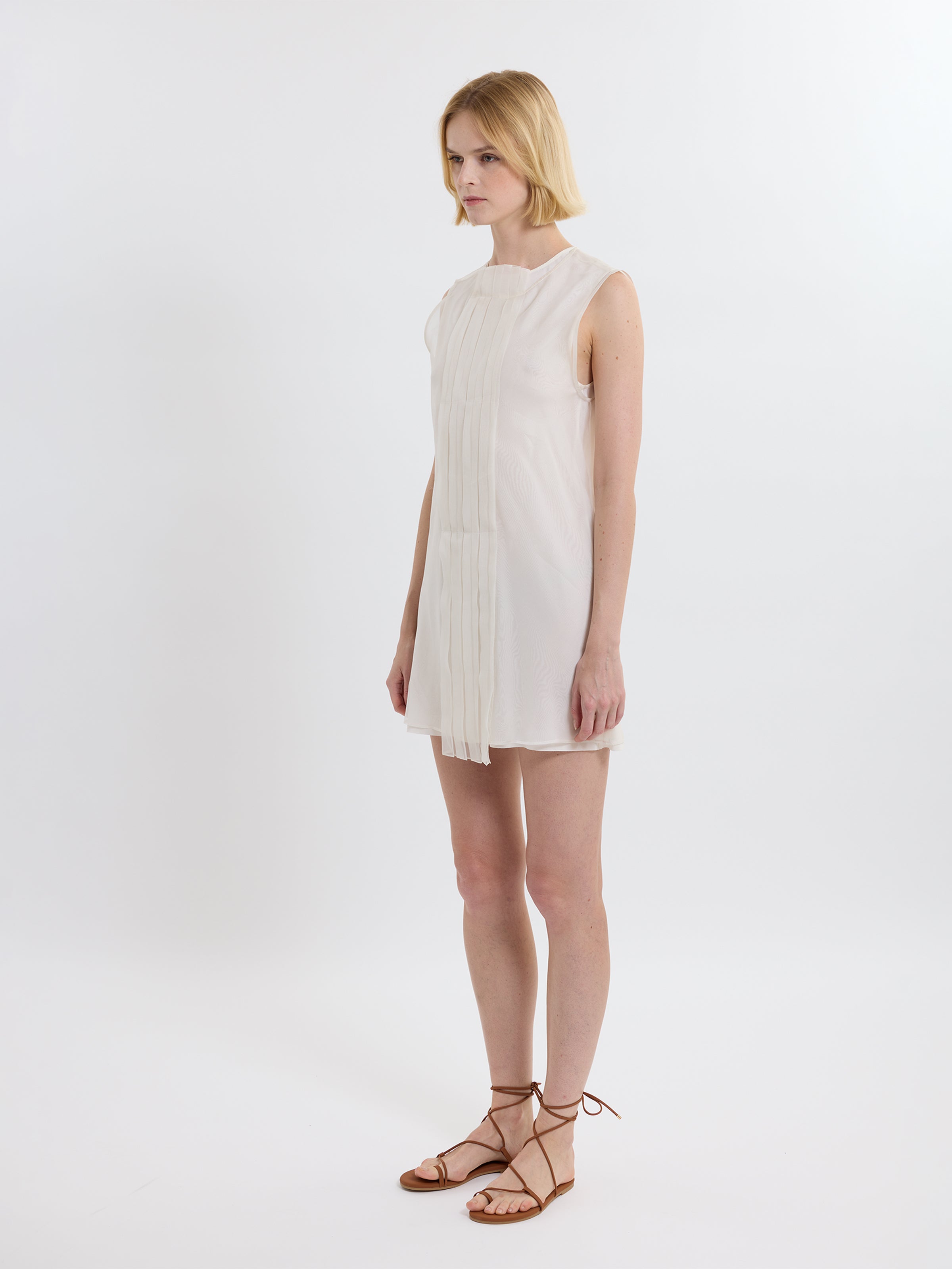 PLEATED MINI DRESS / ORGANIC SILK ORGANZA/ GREIGE