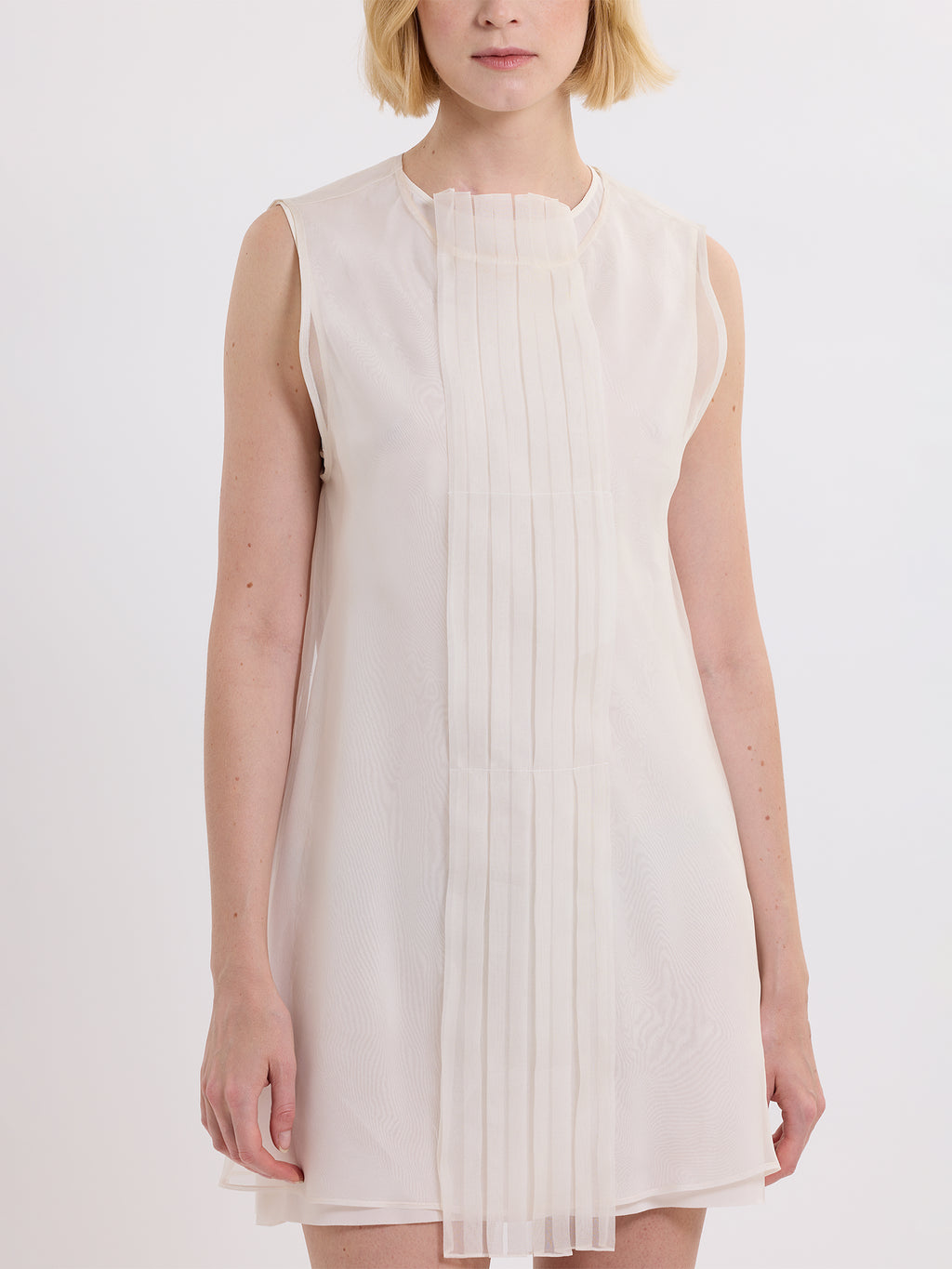 PLEATED MINI DRESS / ORGANIC SILK ORGANZA/ GREIGE