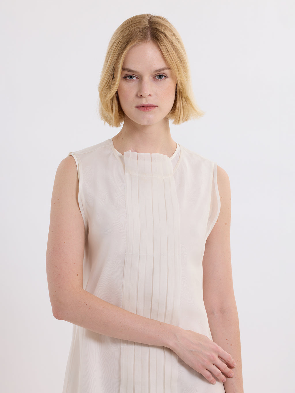 PLEATED MINI DRESS / ORGANIC SILK ORGANZA/ GREIGE