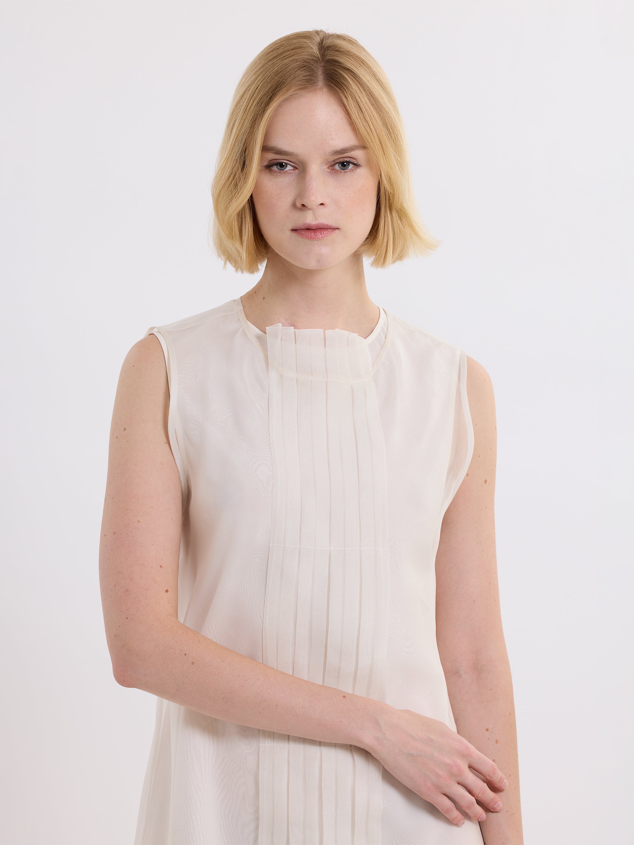 PLEATED MINI DRESS / ORGANIC SILK ORGANZA/ GREIGE