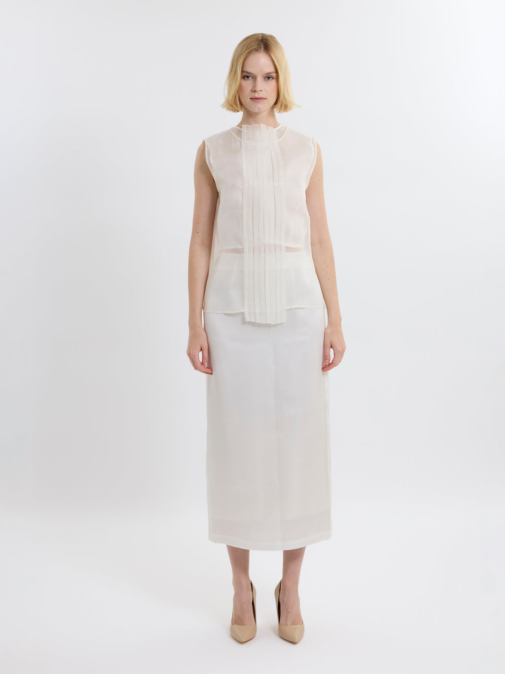 PLEATED TOP / ORGANIC SILK ORGANZA/ GREIGE
