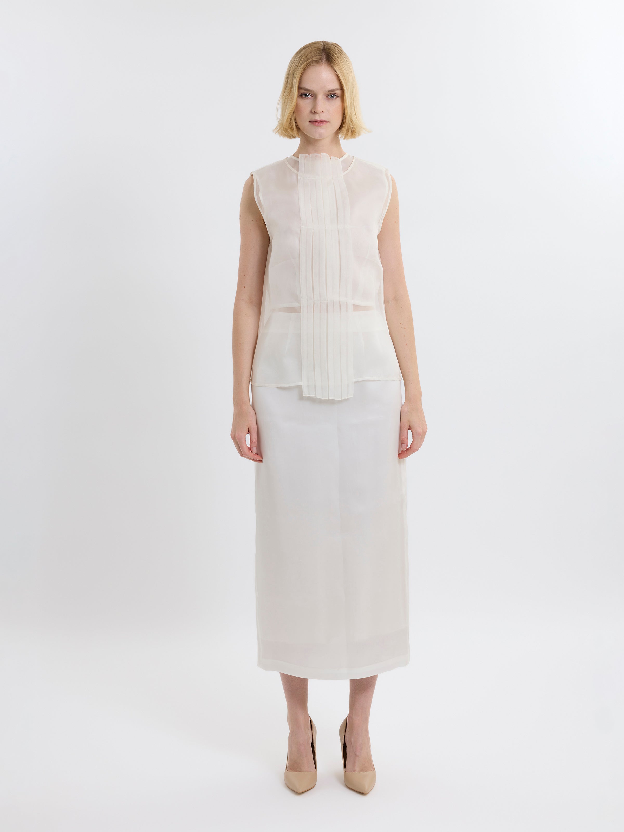 PLEATED TOP / ORGANIC SILK ORGANZA/ GREIGE