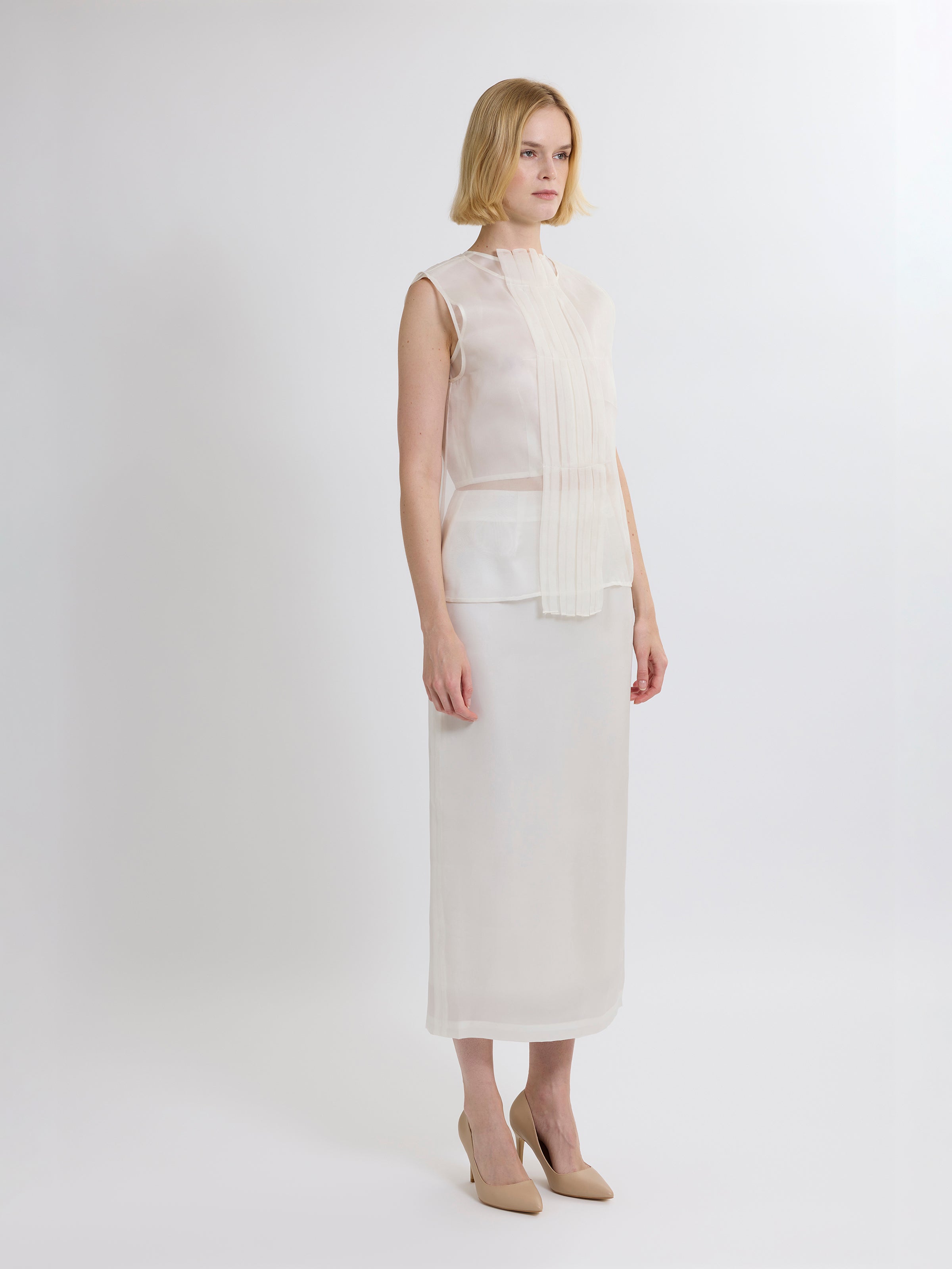PLEATED TOP / ORGANIC SILK ORGANZA/ GREIGE