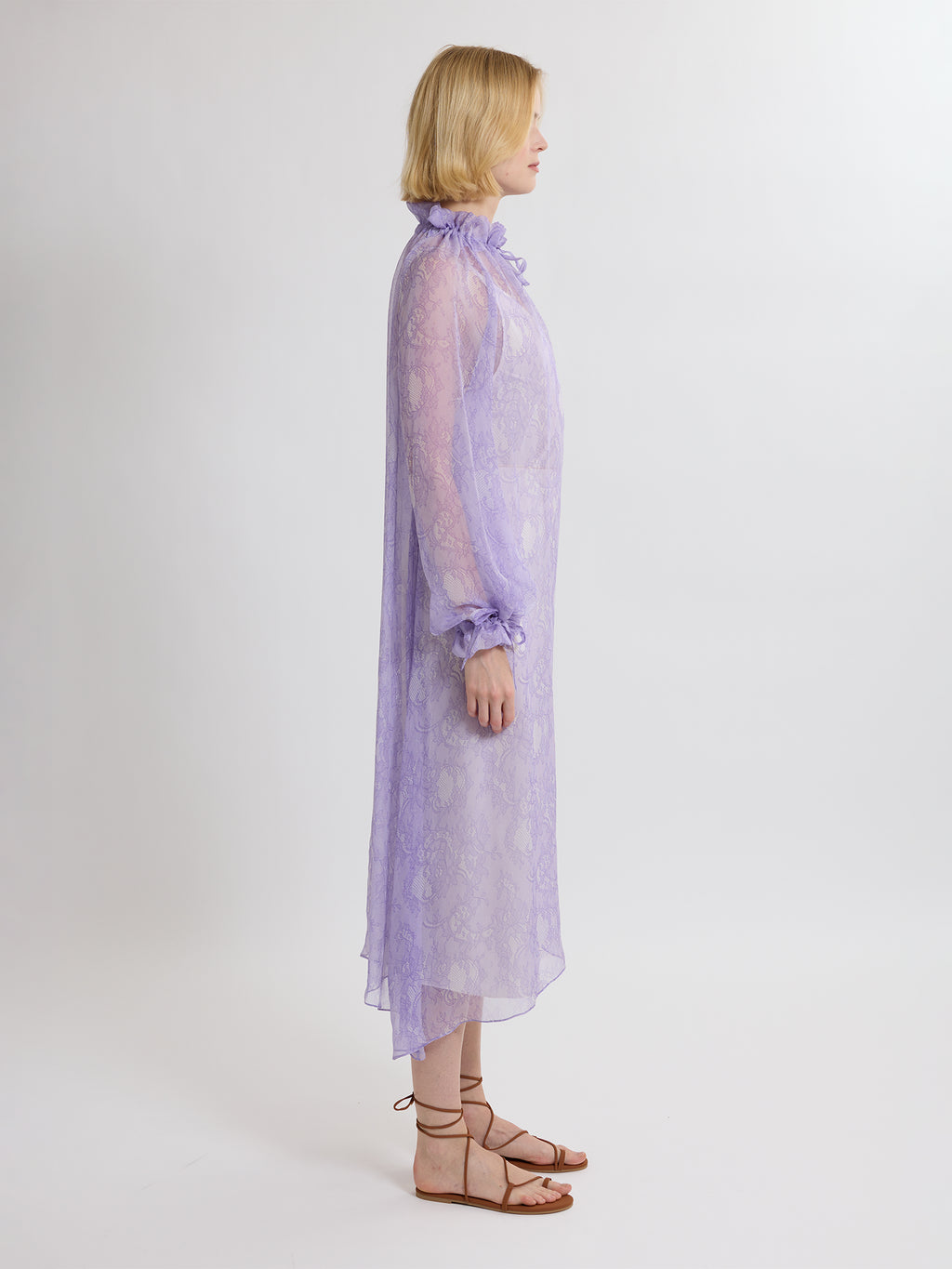 RUFFLE GATHER DRESS / PRINTED ORGANIC SILK CHIFFON / LILAC LACE PRINT/LIMITED EDITION