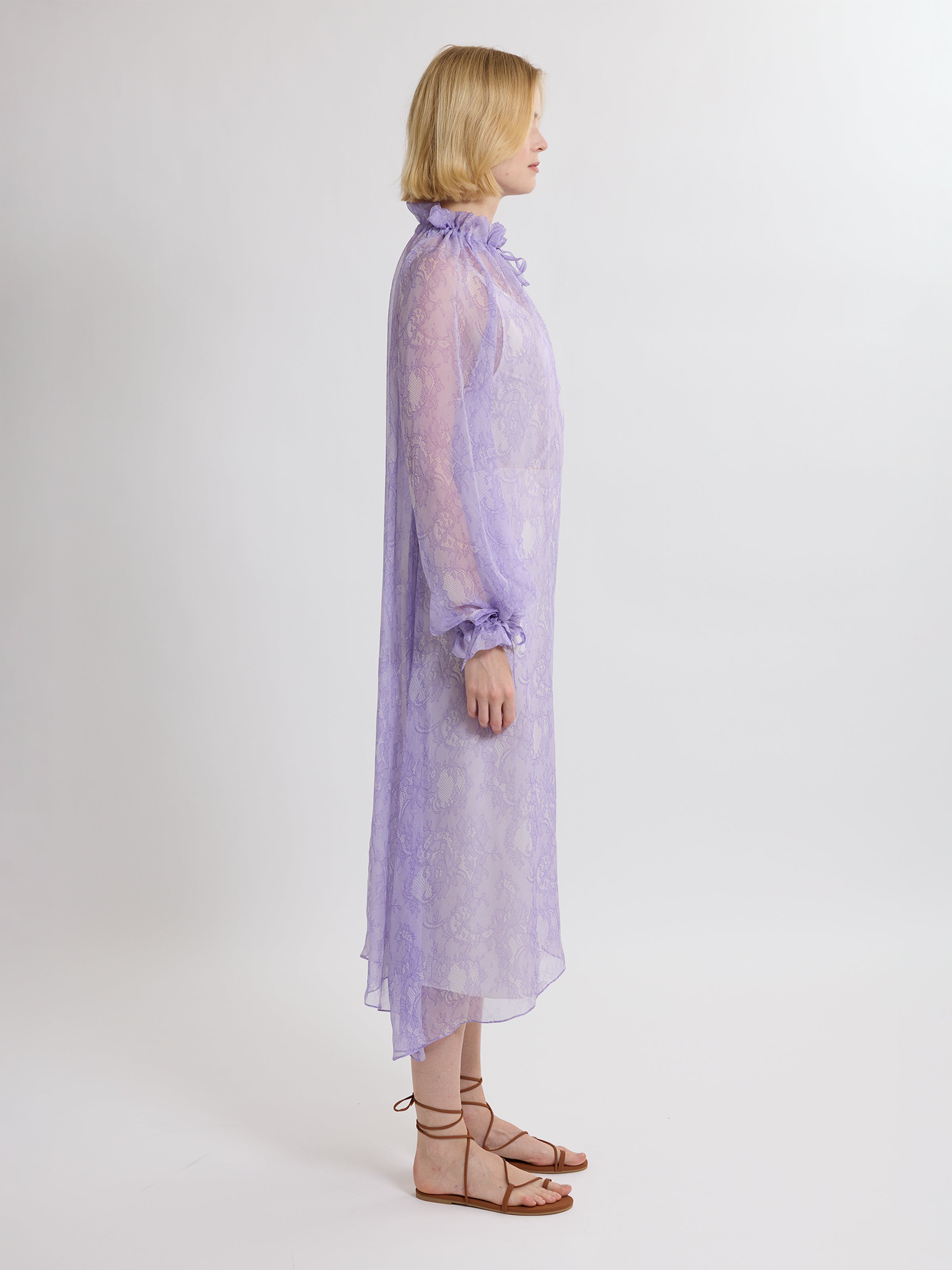 RUFFLE GATHER DRESS / PRINTED ORGANIC SILK CHIFFON / LILAC LACE PRINT/LIMITED EDITION