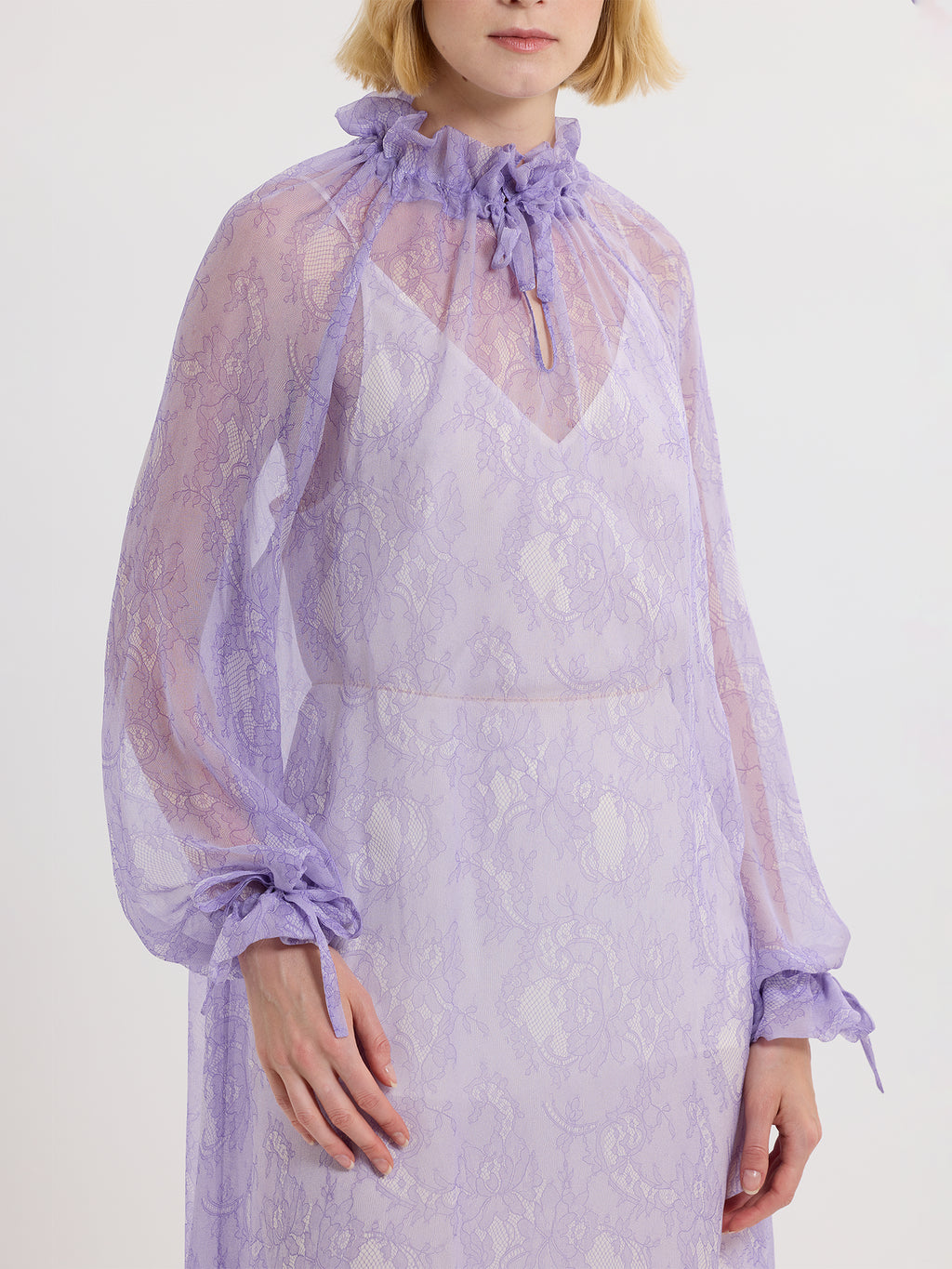 RUFFLE GATHER DRESS / PRINTED ORGANIC SILK CHIFFON / LILAC LACE PRINT/LIMITED EDITION