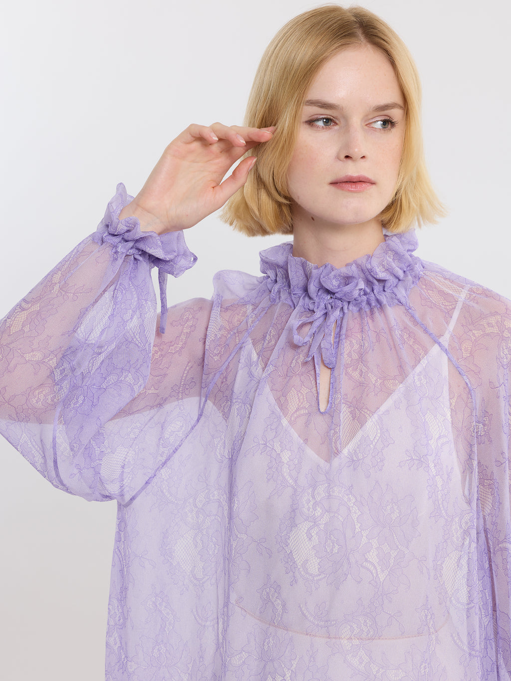 RUFFLE GATHER DRESS / PRINTED ORGANIC SILK CHIFFON / LILAC LACE PRINT/LIMITED EDITION