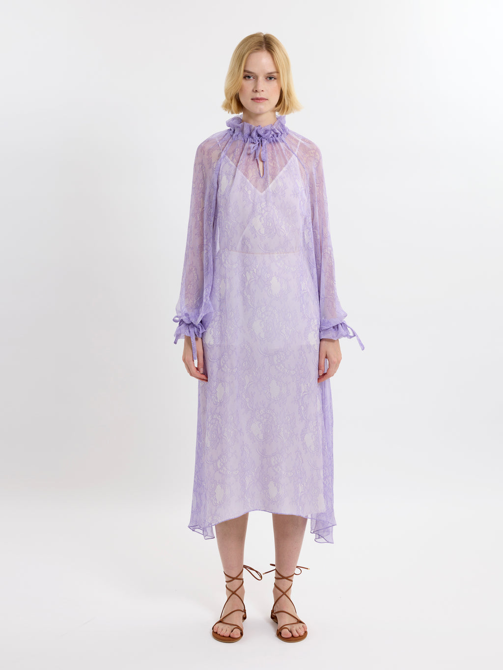 RUFFLE GATHER DRESS / PRINTED ORGANIC SILK CHIFFON / LILAC LACE PRINT/LIMITED EDITION