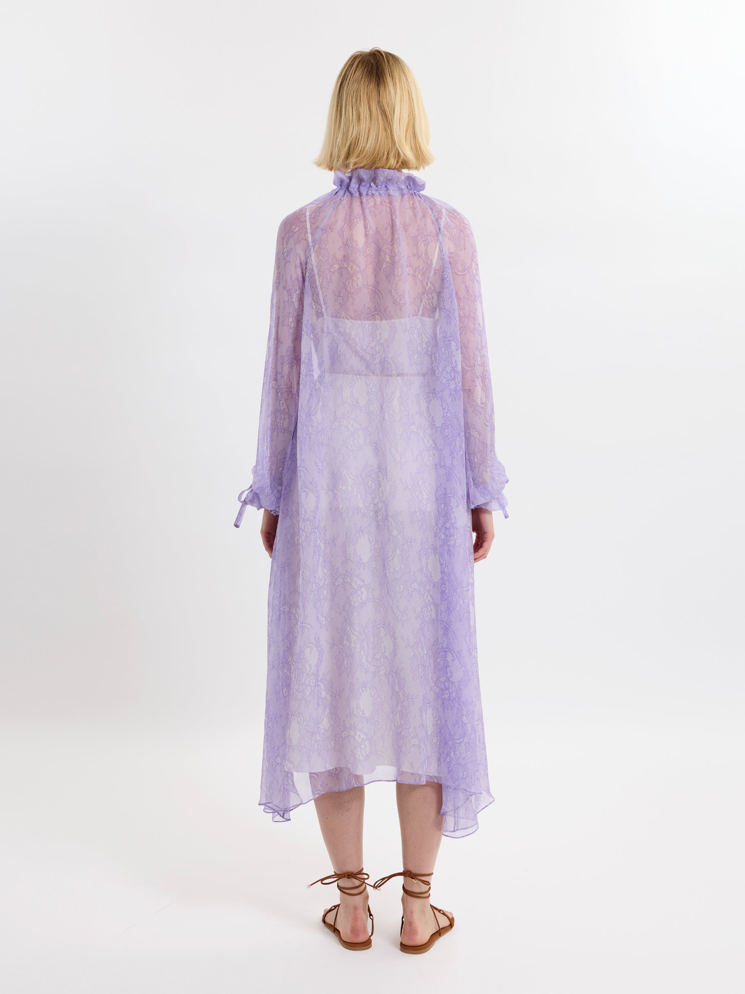 RUFFLE GATHER DRESS / PRINTED ORGANIC SILK CHIFFON / LILAC LACE PRINT/LIMITED EDITION