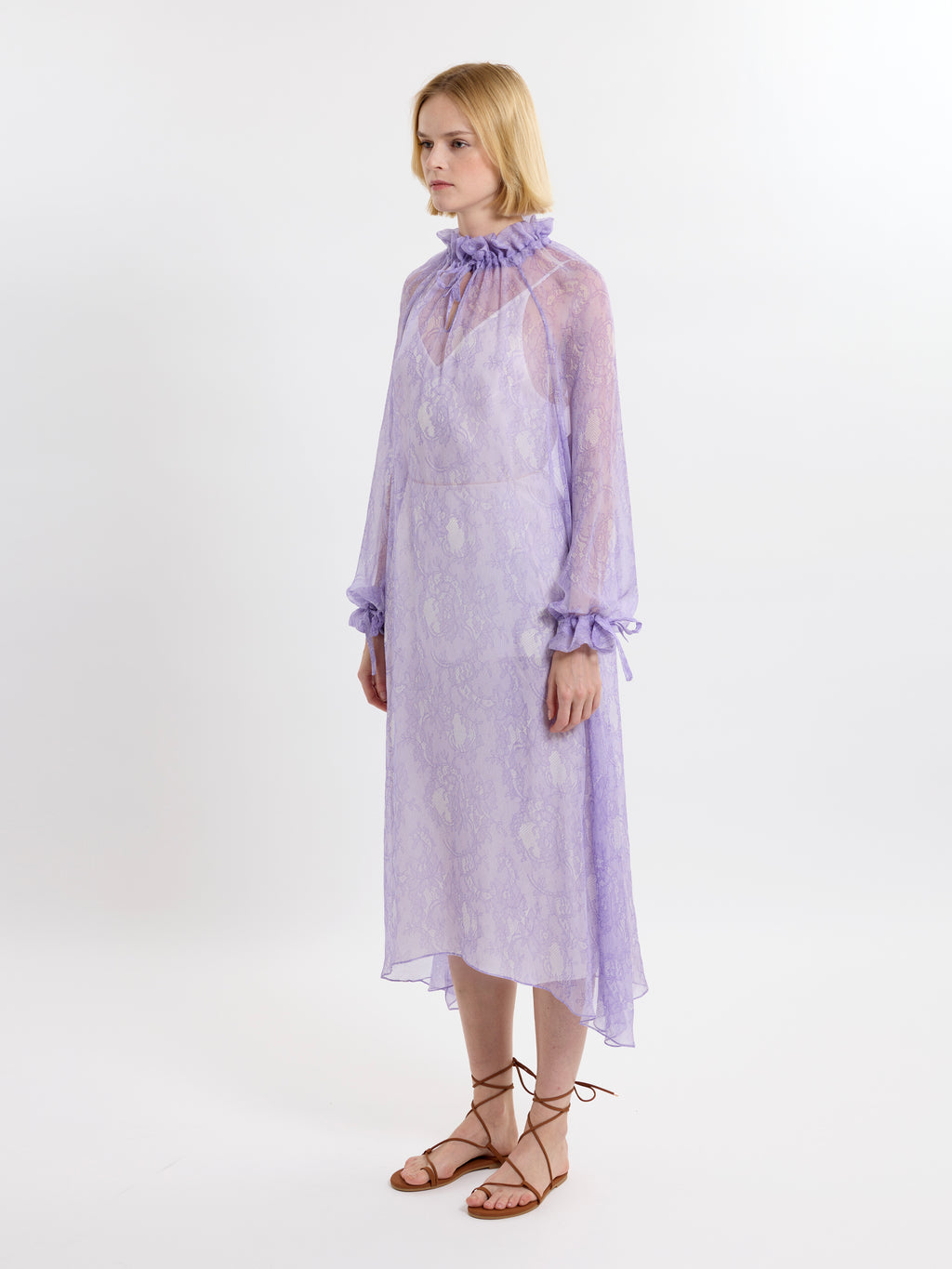 RUFFLE GATHER DRESS / PRINTED ORGANIC SILK CHIFFON / LILAC LACE PRINT/LIMITED EDITION