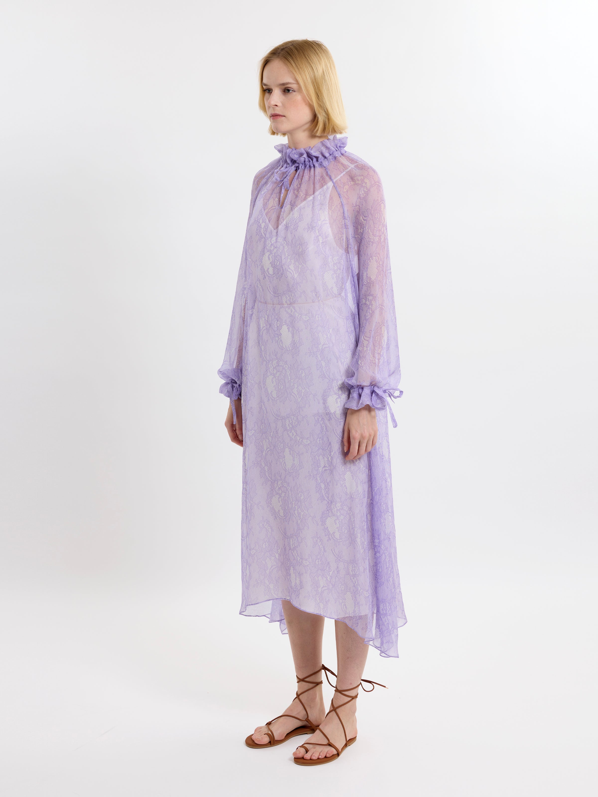 RUFFLE GATHER DRESS / PRINTED ORGANIC SILK CHIFFON / LILAC LACE PRINT/LIMITED EDITION