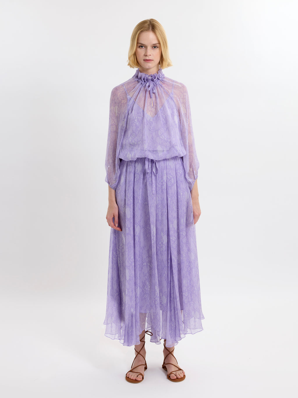 RUFFLE GATHER TOP / PRINTED ORGANIC SILK CHIFFON / LILAC LACE PRINT/LIMITED EDITION