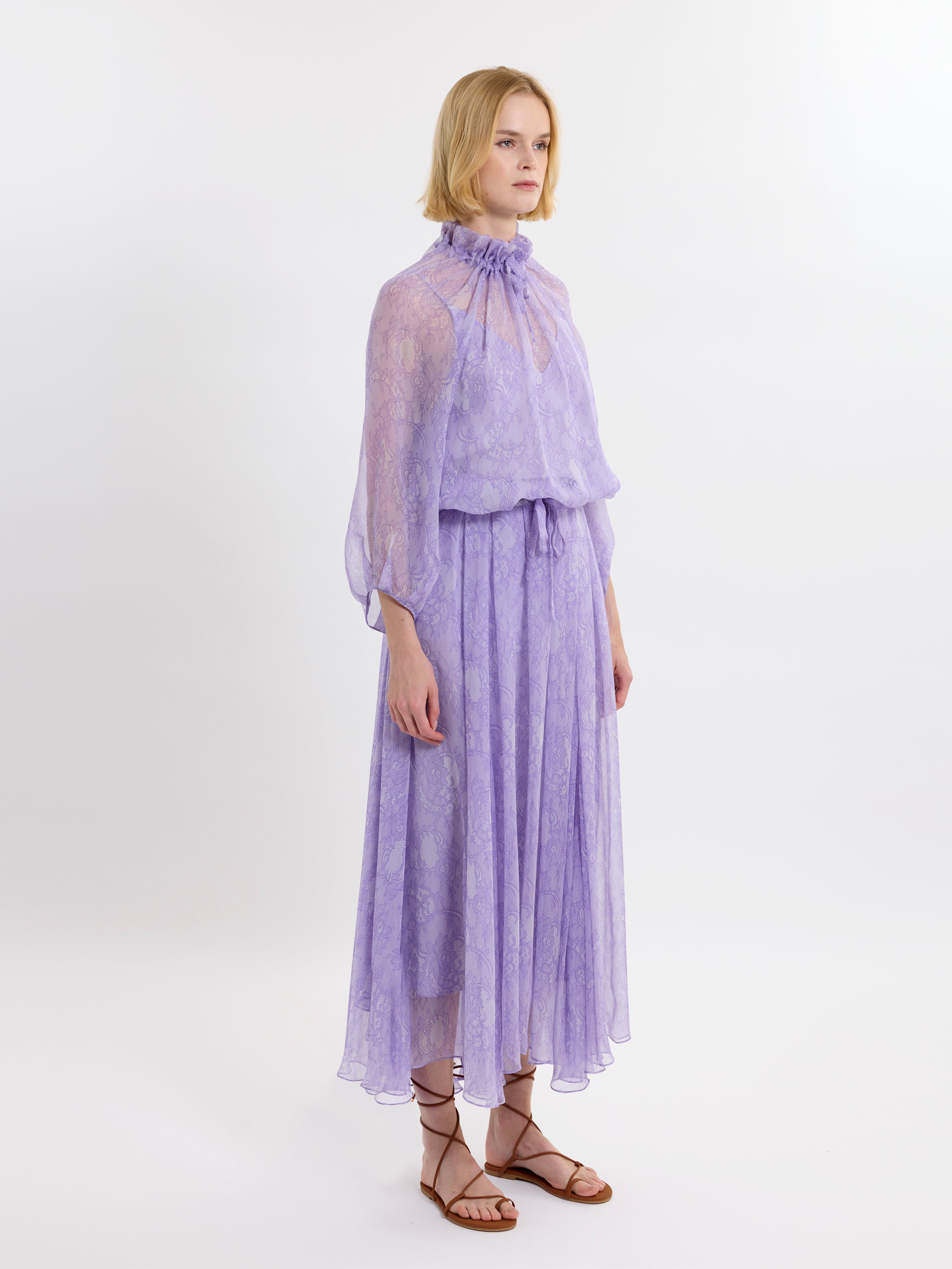 RUFFLE GATHER TOP / PRINTED ORGANIC SILK CHIFFON / LILAC LACE PRINT/LIMITED EDITION