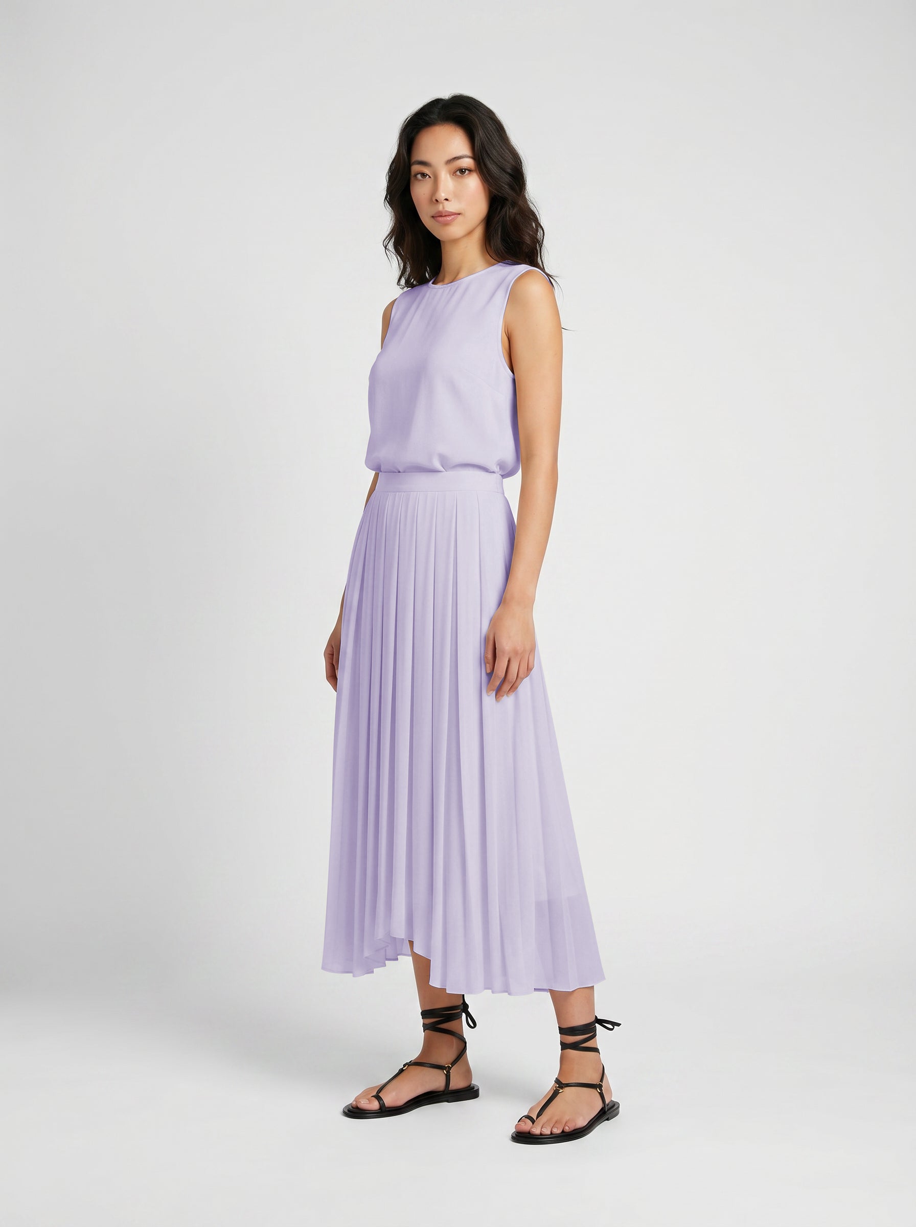 lilac color Pleated_silk_skirt_with_silk_chemise_top_ on model 3/4 view