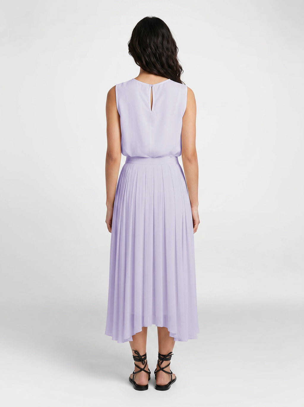 lilac color Pleated_silk_skirt_with_silk_chemise_top_ on model back view