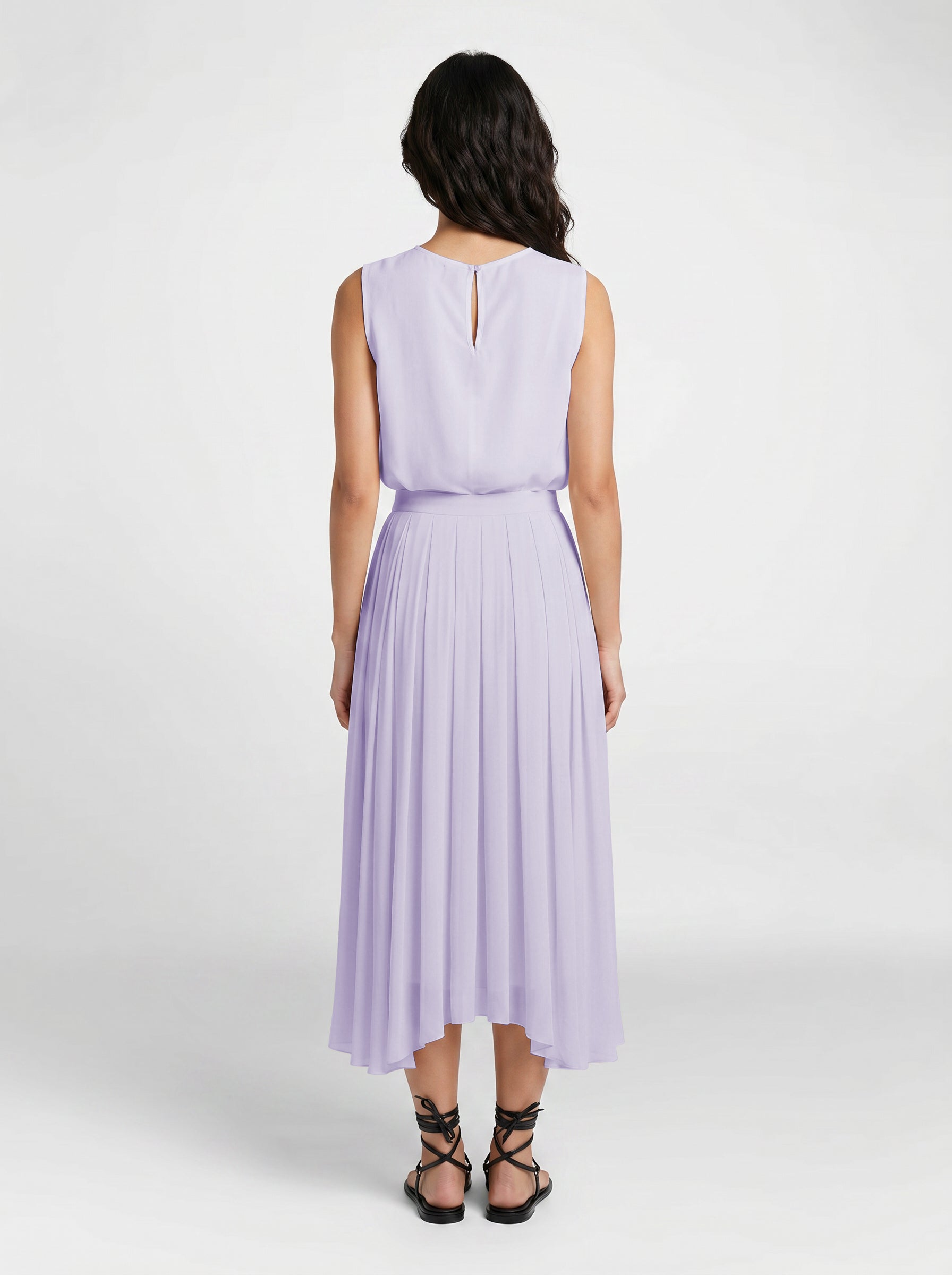 lilac color Pleated_silk_skirt_with_silk_chemise_top_ on model back view